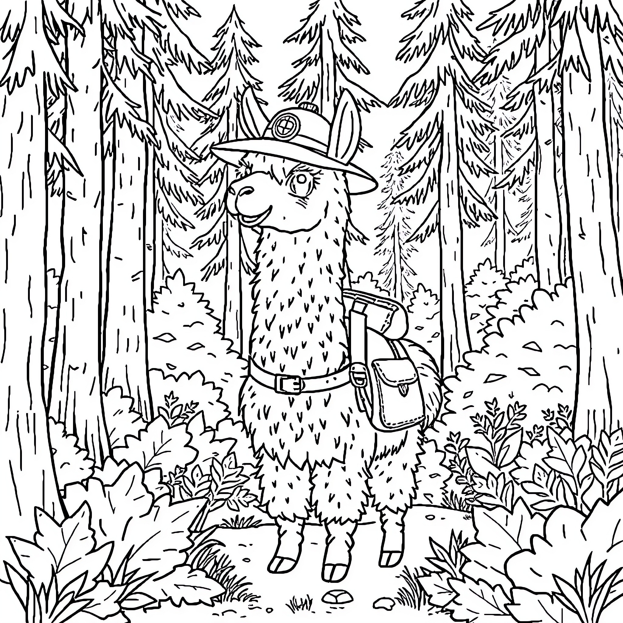 Alpaca exploring the enchanted forest Coloring Page (free black-and-white line drawing printable PDF for all, from beginners to advanced learners, including children, teens, adults, and seniors)