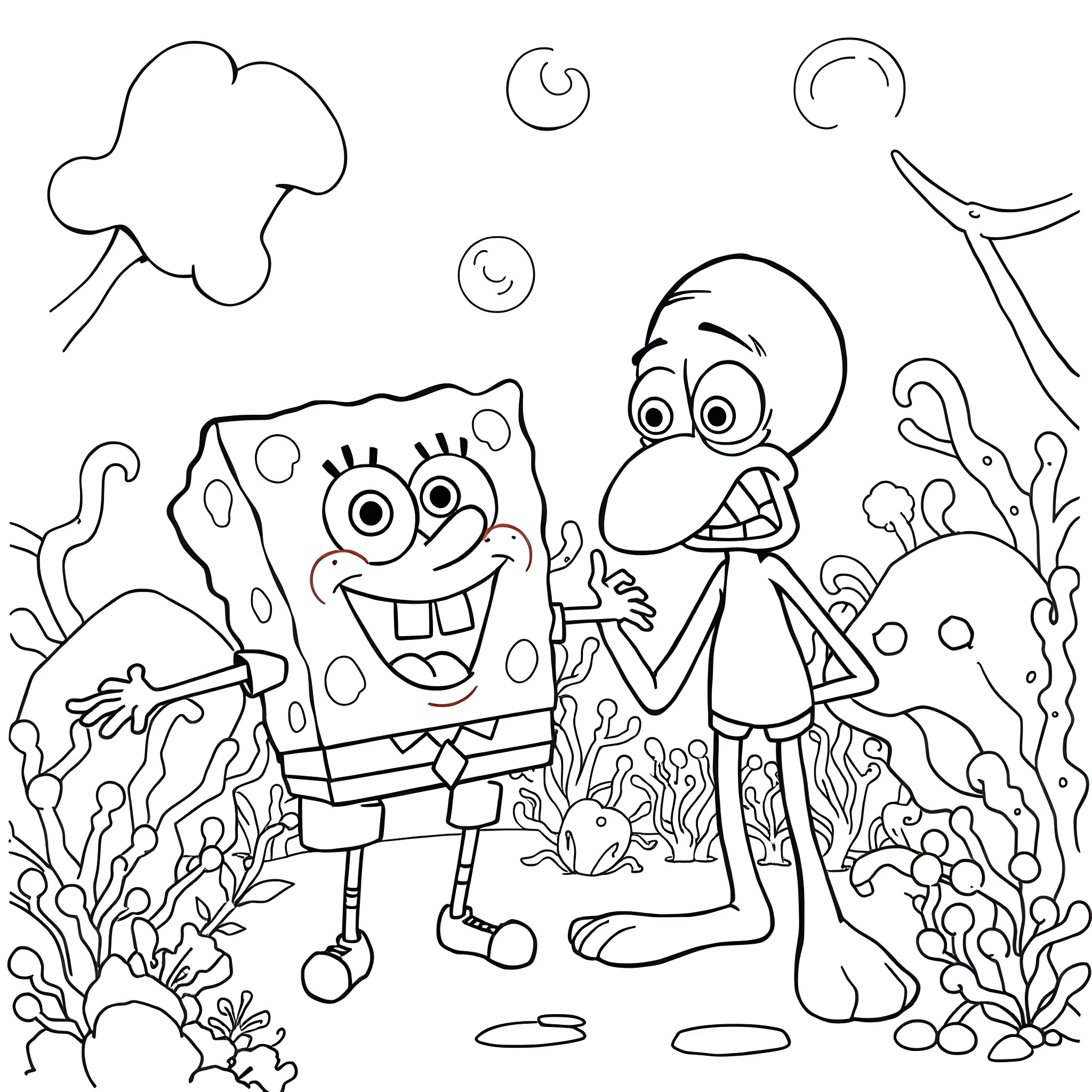Spongebob and Patrick in a whimsical underwater scene Coloring Page (free black-and-white line drawing printable PDF for all, from beginners to advanced learners, including children, teens, adults, and seniors)