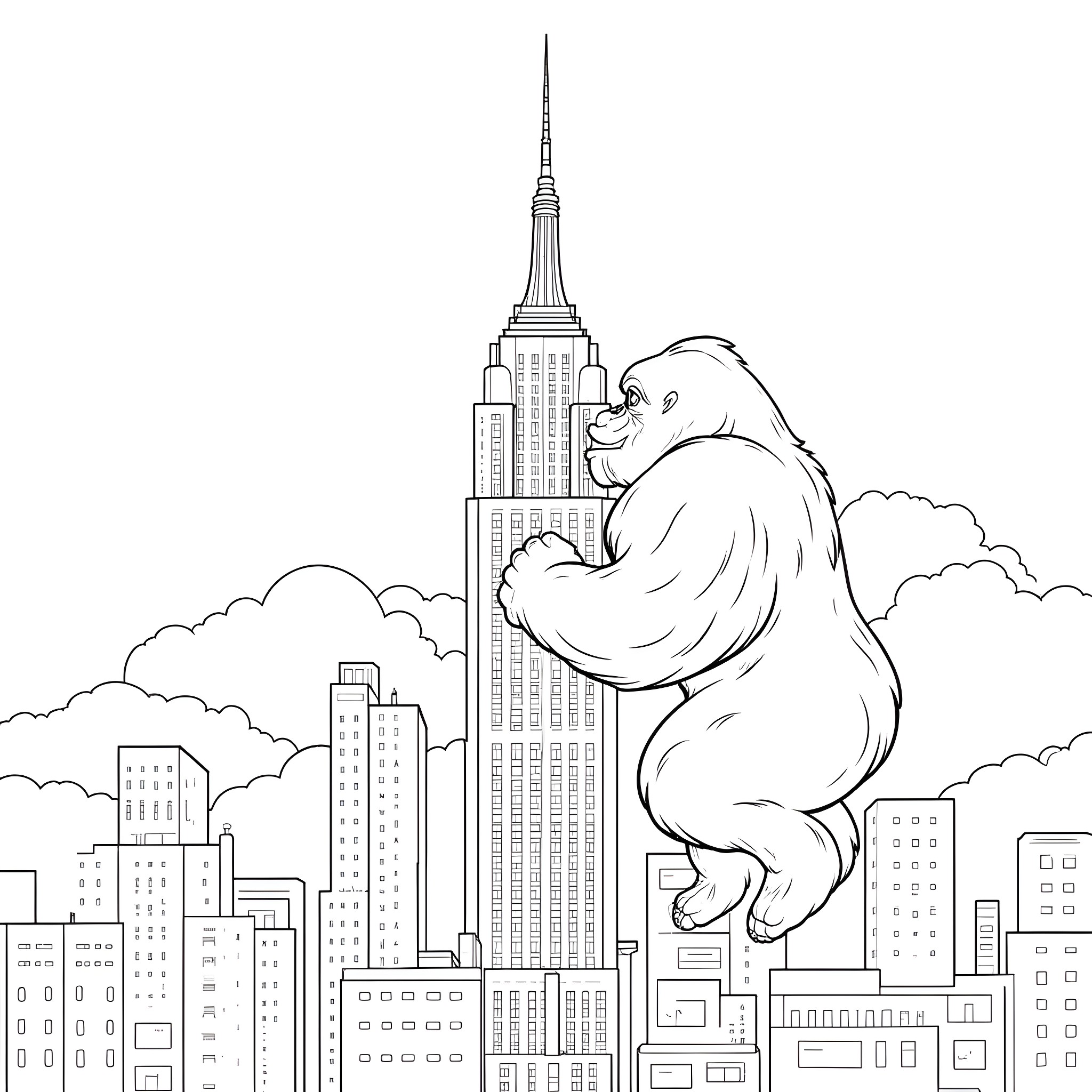 King Kong scaling the Empire State Building in the city Coloring Page (free black-and-white line drawing printable PDF for all, from beginners to advanced learners, including children, teens, adults, and seniors)