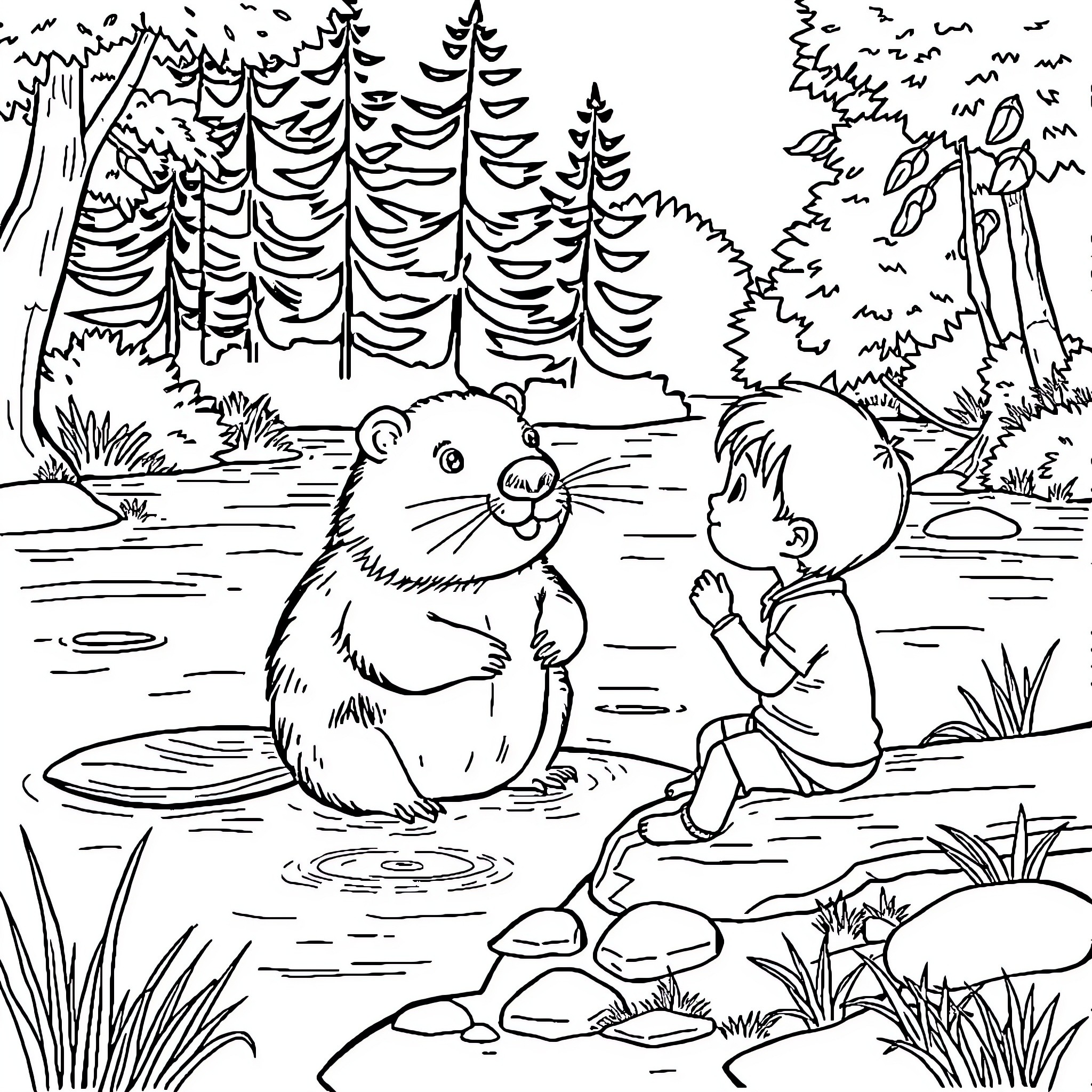Beaver and child by the pond in the forest Coloring Page (free black-and-white line drawing printable PDF for all, from beginners to advanced learners, including children, teens, adults, and seniors)
