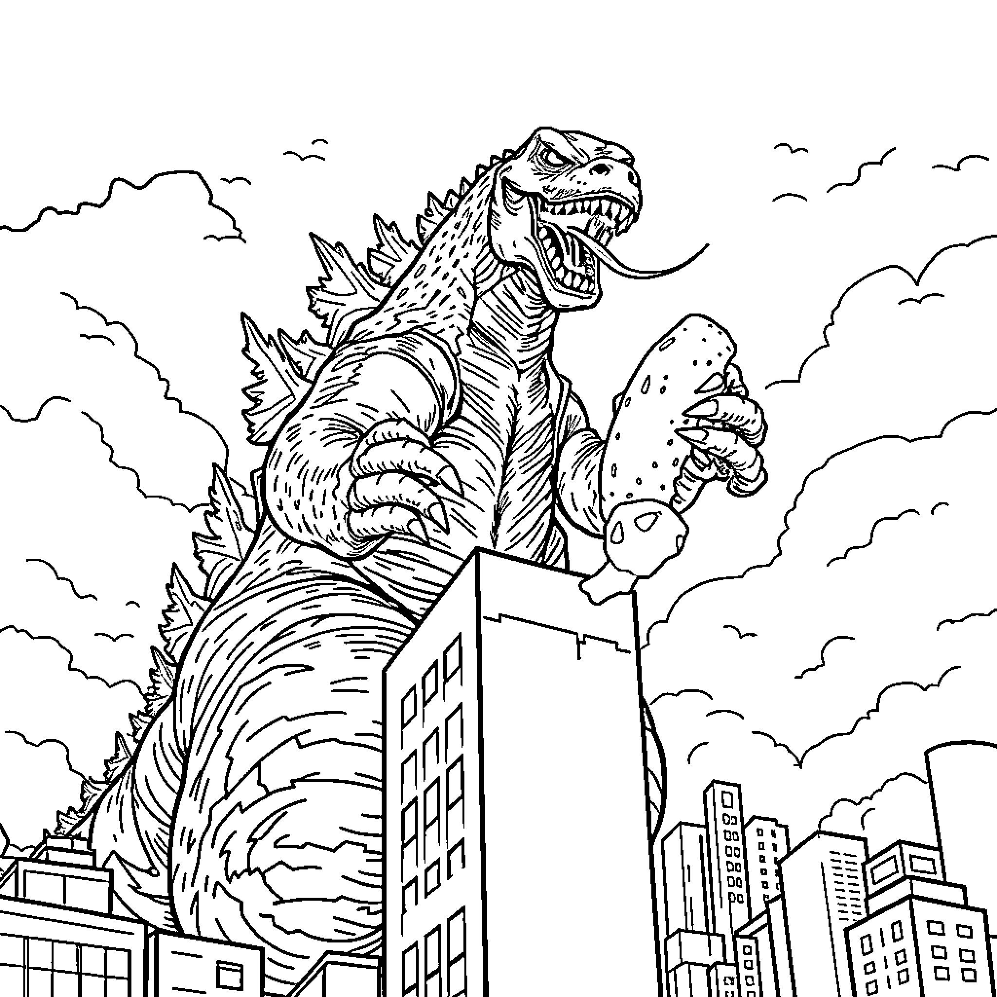 Godzilla rampaging through the city skyline Coloring Page (free black-and-white line drawing printable PDF for all, from beginners to advanced learners, including children, teens, adults, and seniors)