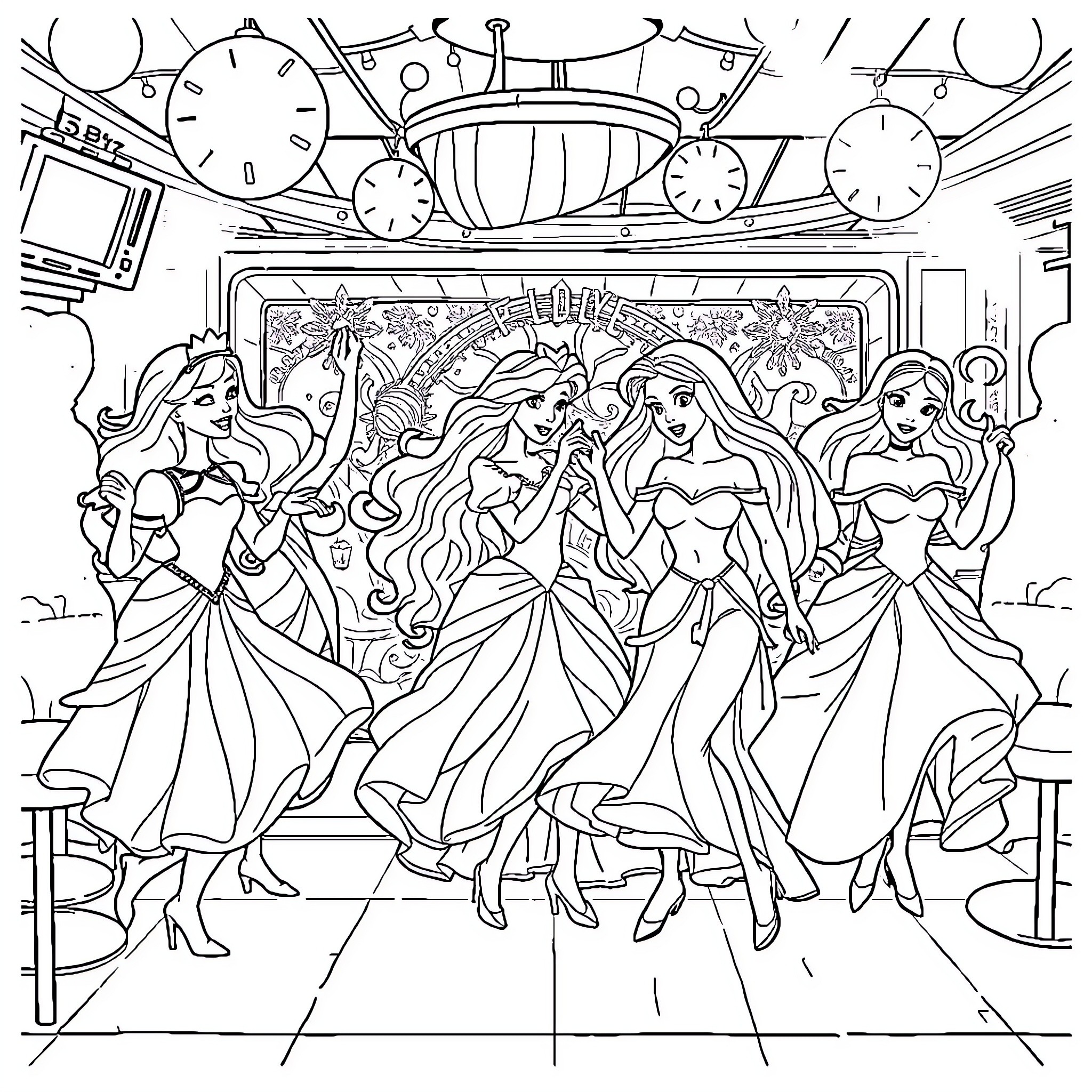 Princess Dancers in Magical Ballroom Setting Coloring Page (free black-and-white line drawing printable PDF for all, from beginners to advanced learners, including children, teens, adults, and seniors)