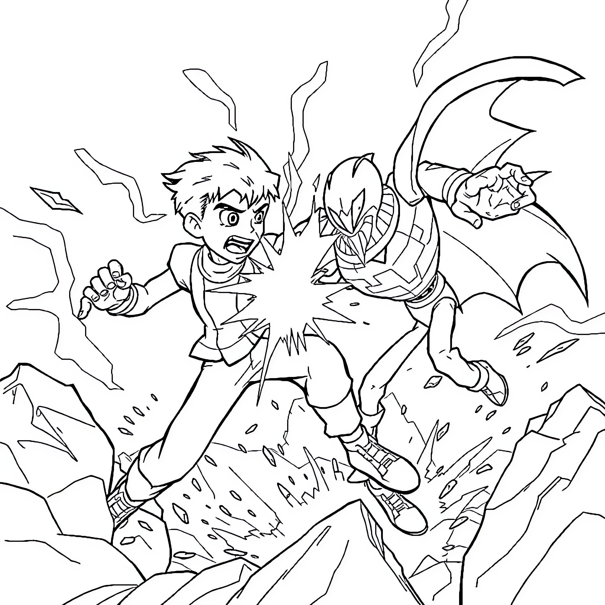 Ben 10 engaged in epic battle with alien foe Coloring Page (free black-and-white line drawing printable PDF for all, from beginners to advanced learners, including children, teens, adults, and seniors)