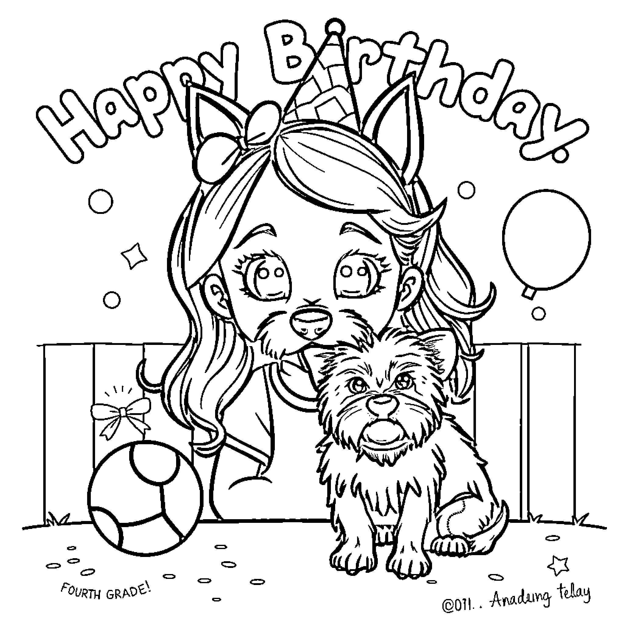 Softball-themed birthday party with pet Coloring Page (free black-and-white line drawing printable PDF for all, from beginners to advanced learners, including children, teens, adults, and seniors)