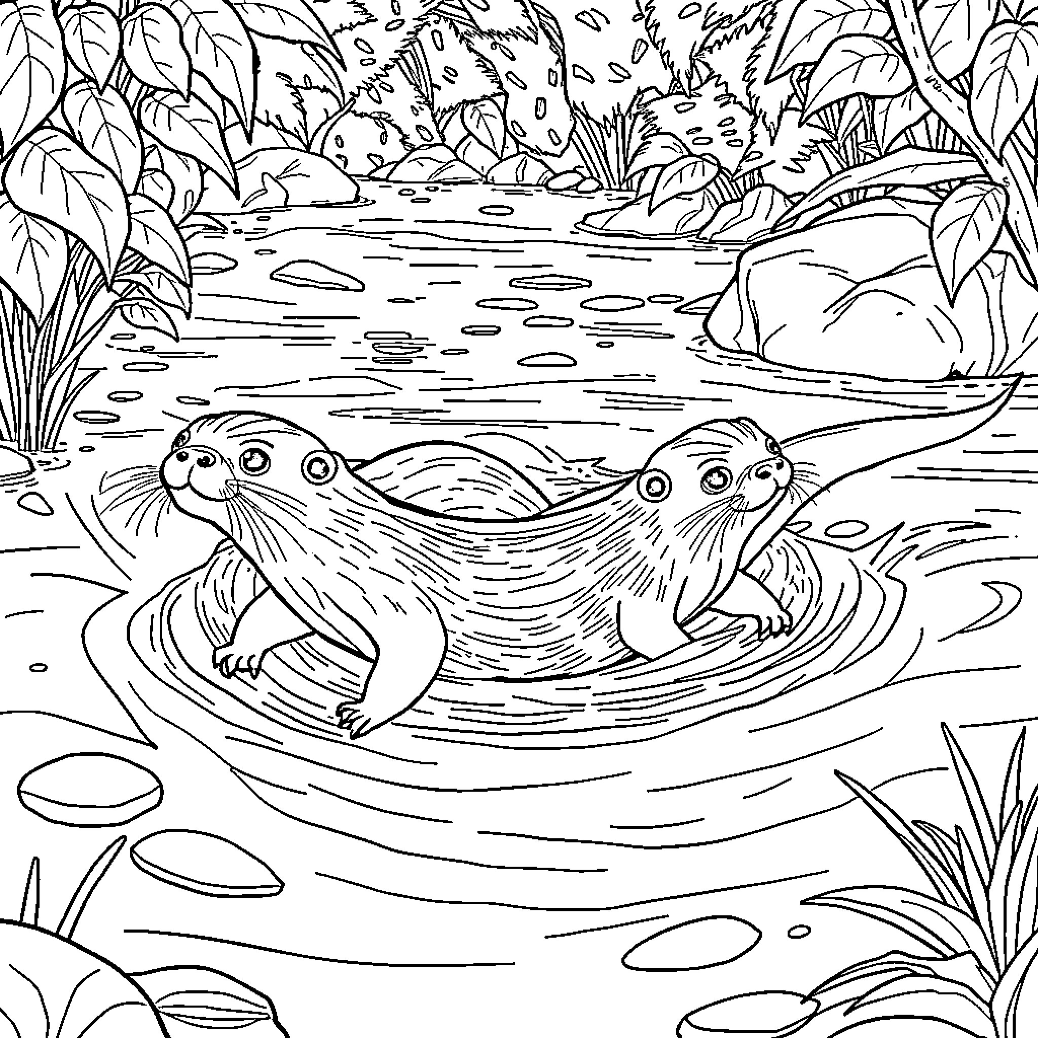 Otters swimming playfully in the pond Coloring Page (free black-and-white line drawing printable PDF for all, from beginners to advanced learners, including children, teens, adults, and seniors)