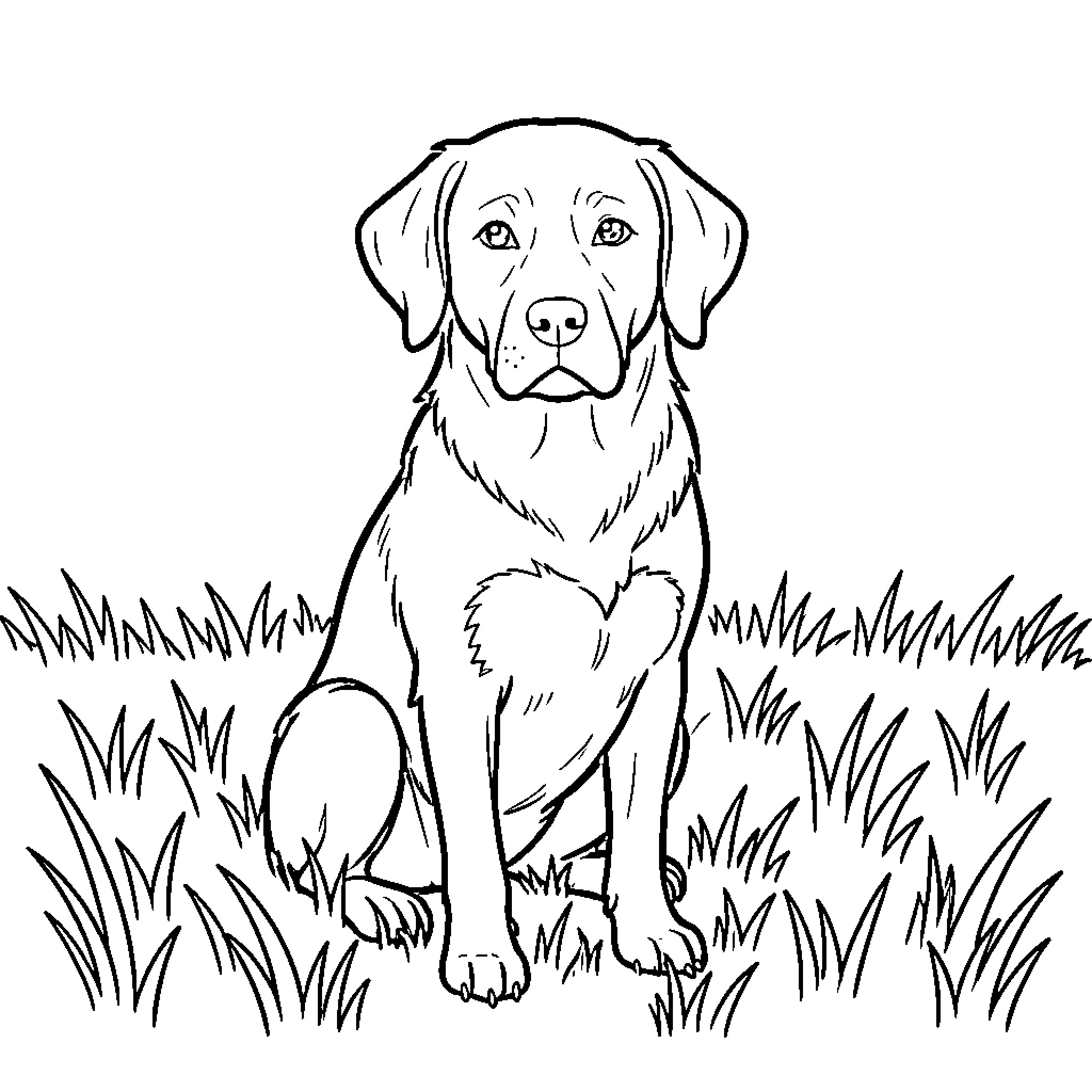Dog sitting calmly in the tall grass Coloring Page (free black-and-white line drawing printable PDF for all, from beginners to advanced learners, including children, teens, adults, and seniors)