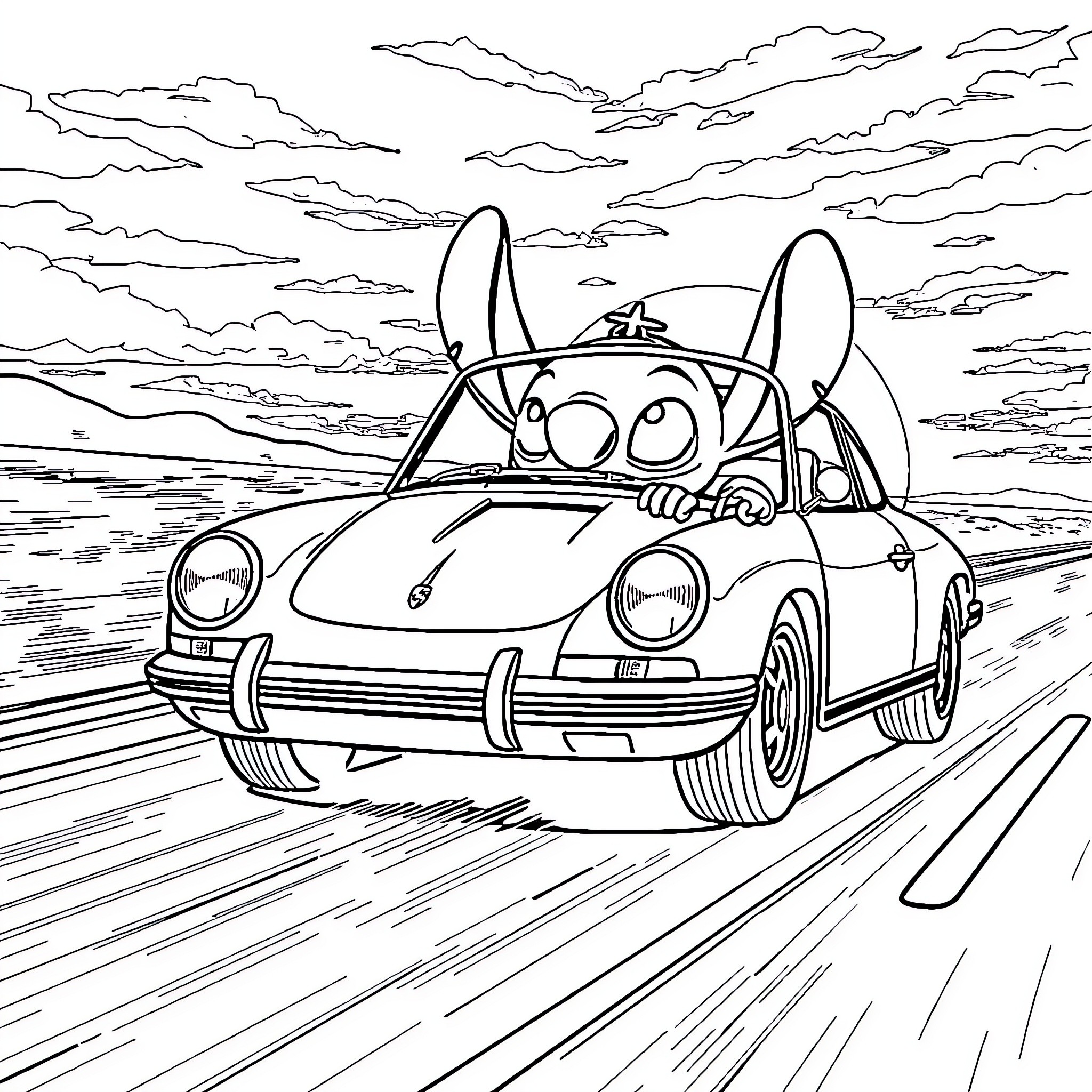 Stitch driving a vintage sports car on the road Coloring Page (free black-and-white line drawing printable PDF for all, from beginners to advanced learners, including children, teens, adults, and seniors)