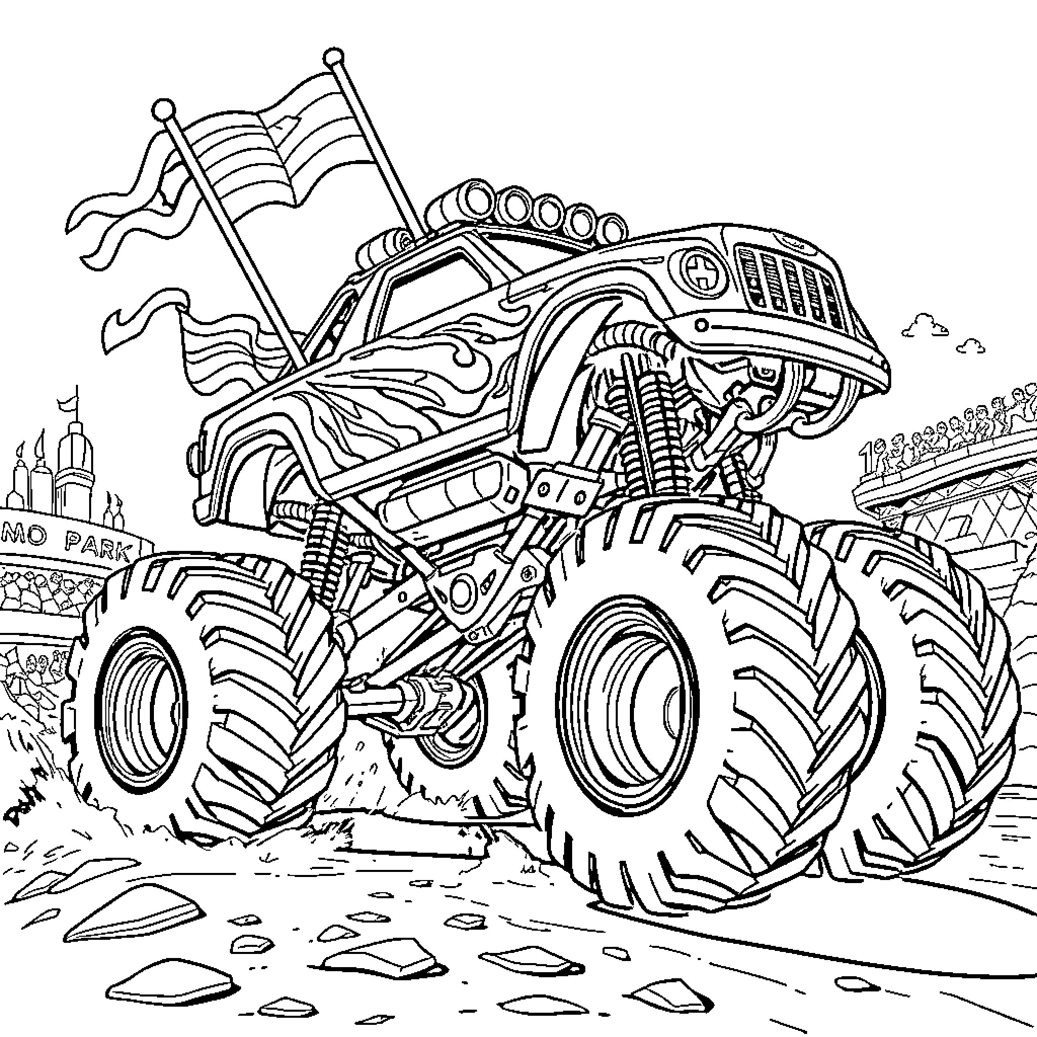 Megawrex Monster Truck Conquering the Terrain Coloring Page (free black-and-white line drawing printable PDF for all, from beginners to advanced learners, including children, teens, adults, and seniors)