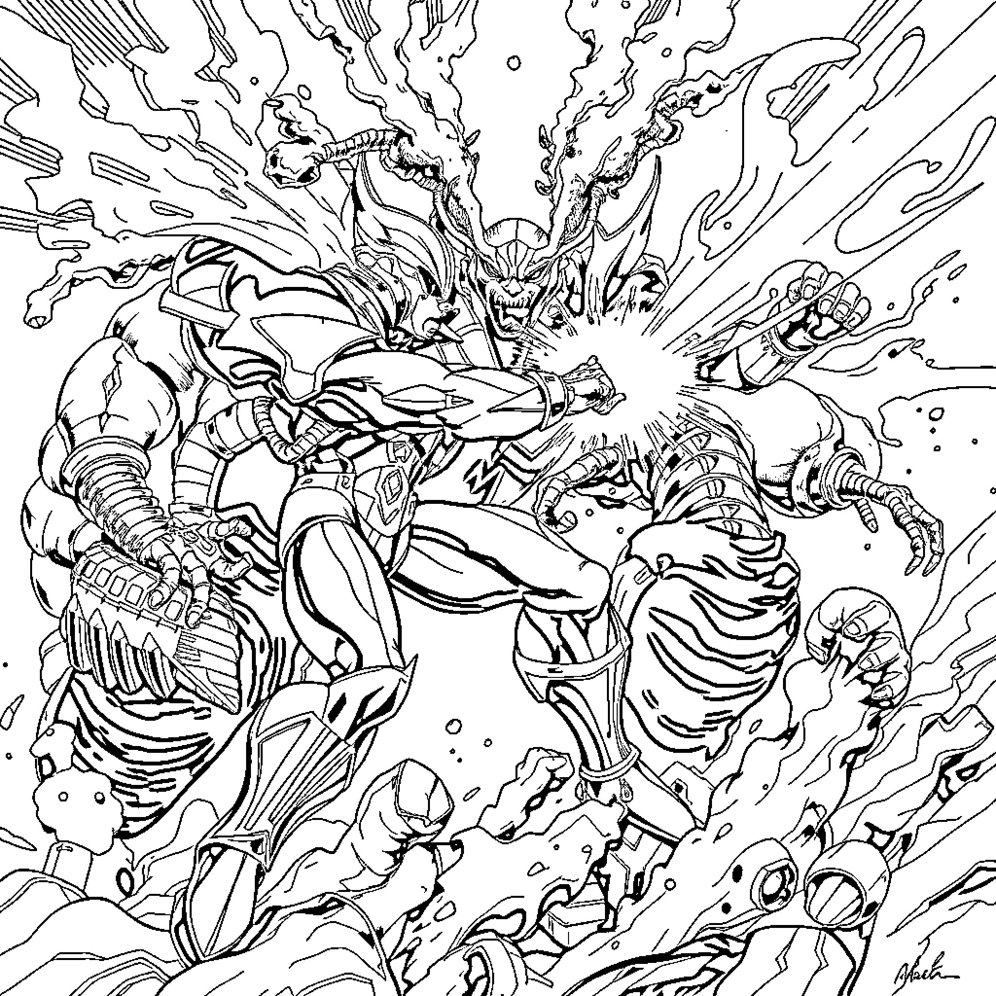 Guyver Battles Monstrous Foes in Chaotic Scene Coloring Page (free black-and-white line drawing printable PDF for all, from beginners to advanced learners, including children, teens, adults, and seniors)