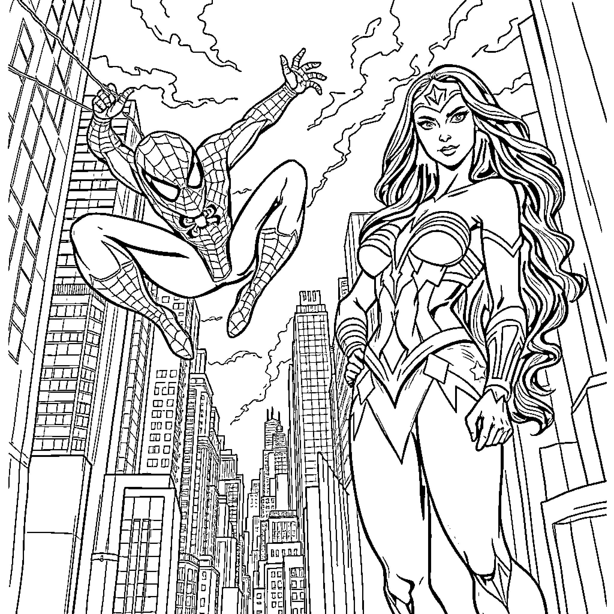 Superhero adventure in the city Coloring Page (free black-and-white line drawing printable PDF for all, from beginners to advanced learners, including children, teens, adults, and seniors)