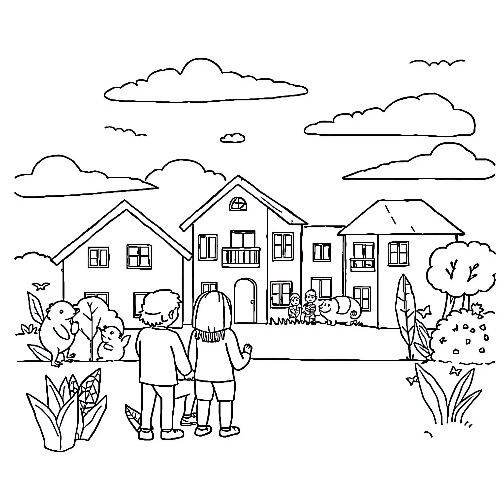 Conflicto en la comunidad vecinal Coloring Page (free black-and-white line drawing printable PDF for all, from beginners to advanced learners, including children, teens, adults, and seniors)