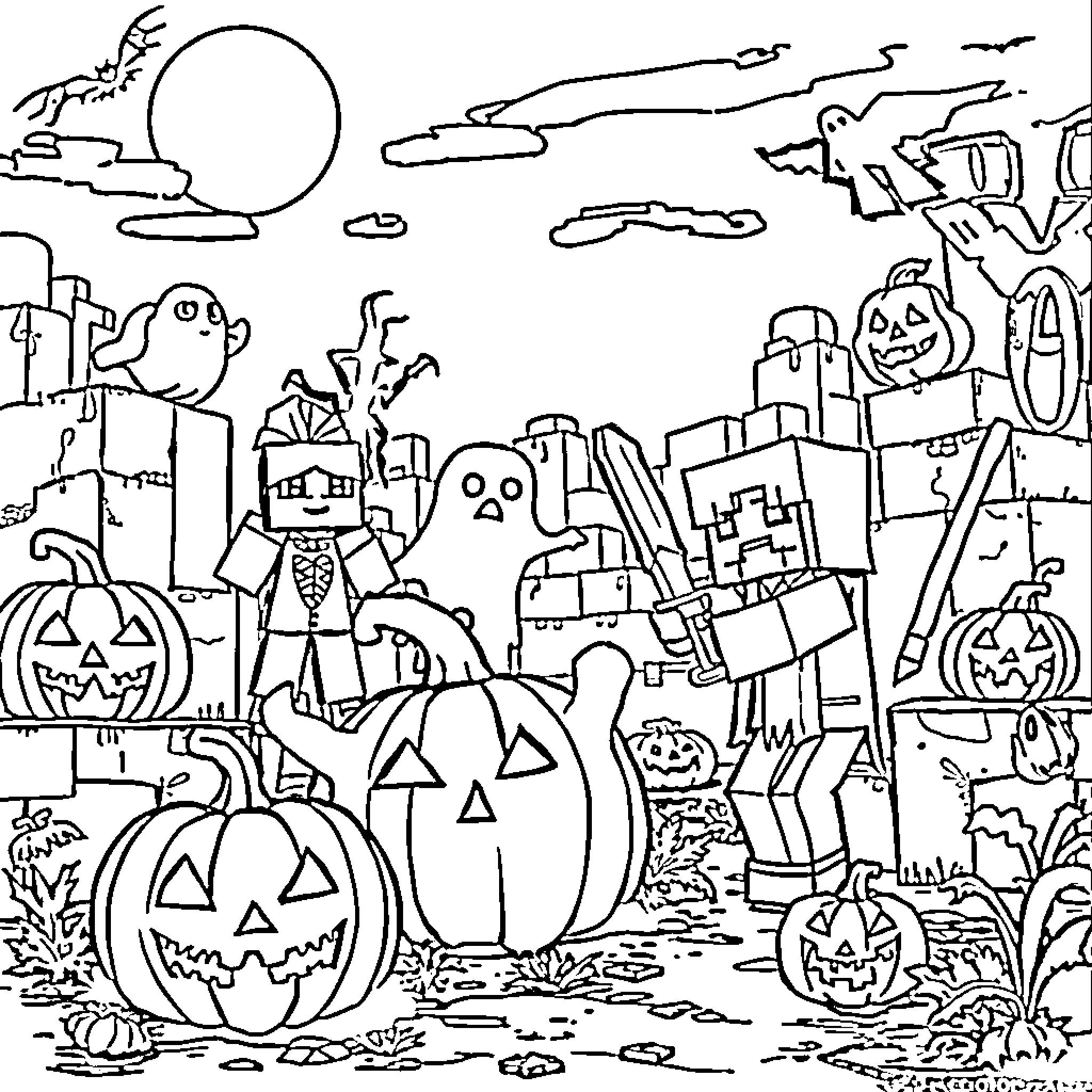 Minecraft Halloween scene with spooky characters and decorations Coloring Page (free black-and-white line drawing printable PDF for all, from beginners to advanced learners, including children, teens, adults, and seniors)