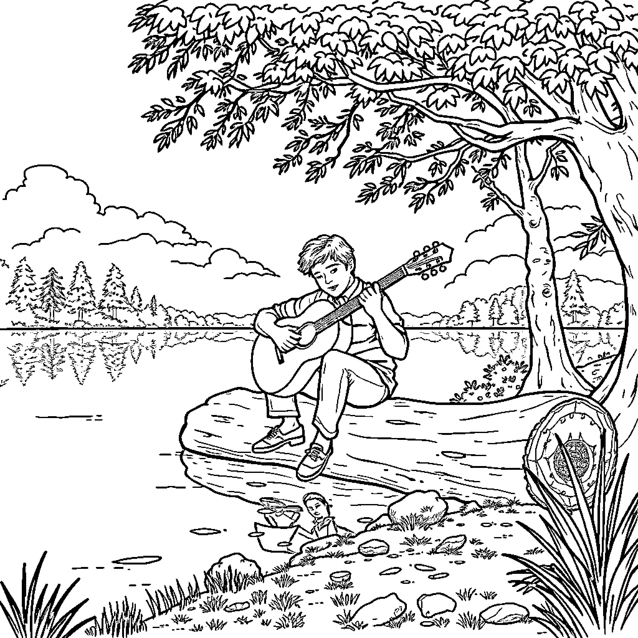 Billy Strings plays guitar by the serene lake Coloring Page (free black-and-white line drawing printable PDF for all, from beginners to advanced learners, including children, teens, adults, and seniors)