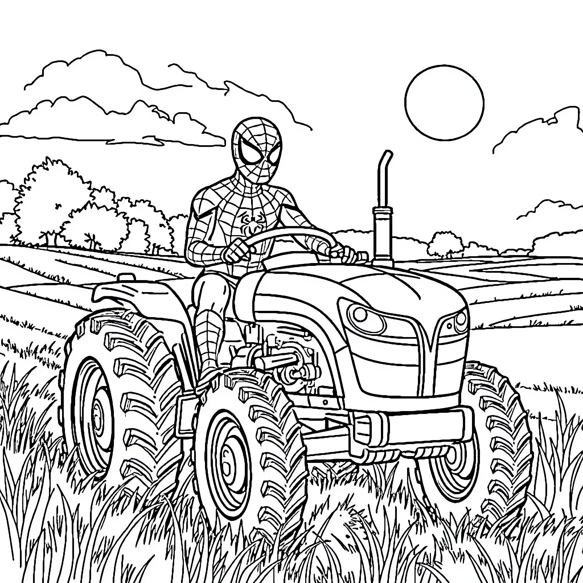 Spiderman riding a tractor through the countryside Coloring Page (free black-and-white line drawing printable PDF for all, from beginners to advanced learners, including children, teens, adults, and seniors)