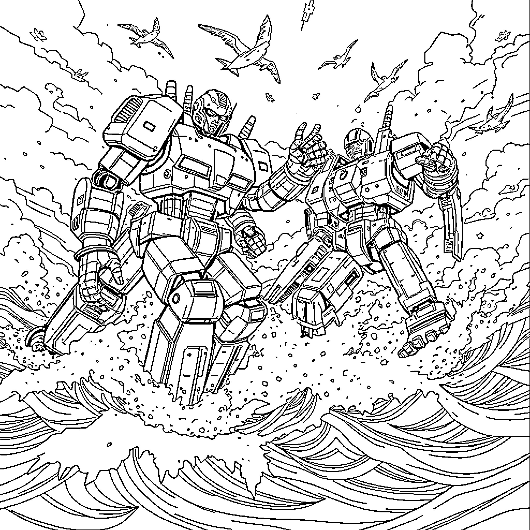 Robot Warriors in Epic Battle against Enemies Coloring Page (free black-and-white line drawing printable PDF for all, from beginners to advanced learners, including children, teens, adults, and seniors)
