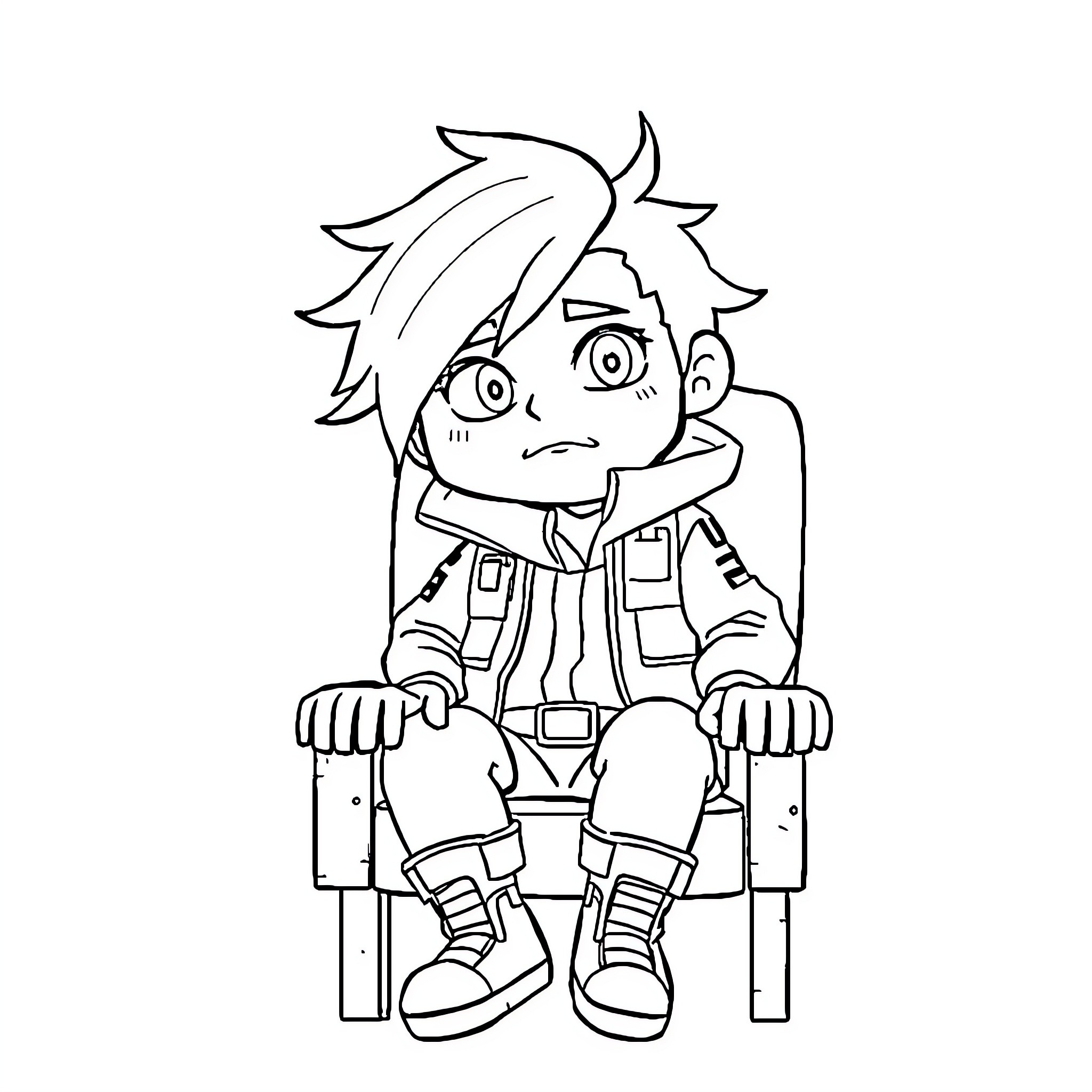 Kairo: Distressed Young Boy Sitting Alone Coloring Page (free black-and-white line drawing printable PDF for all, from beginners to advanced learners, including children, teens, adults, and seniors)