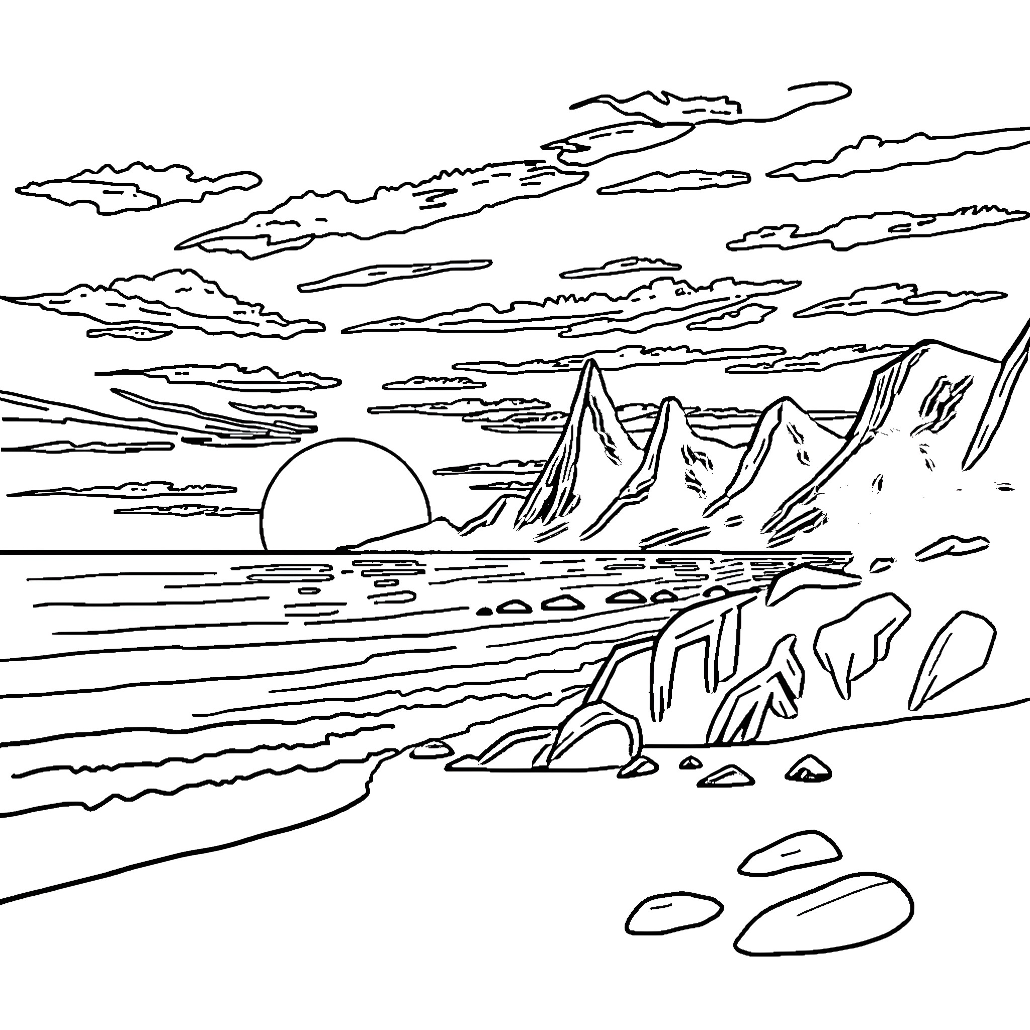 Sunset over the mountain landscape Coloring Page (free black-and-white line drawing printable PDF for all, from beginners to advanced learners, including children, teens, adults, and seniors)