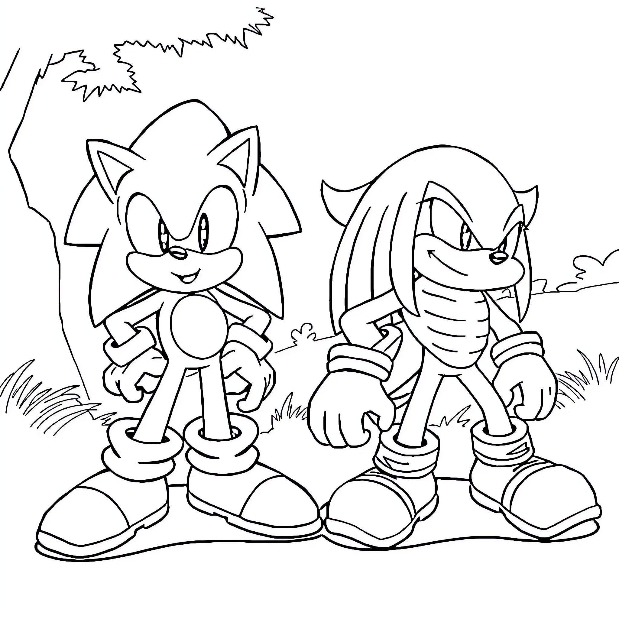 Sonic characters in an outdoor scene Coloring Page (free black-and-white line drawing printable PDF for all, from beginners to advanced learners, including children, teens, adults, and seniors)