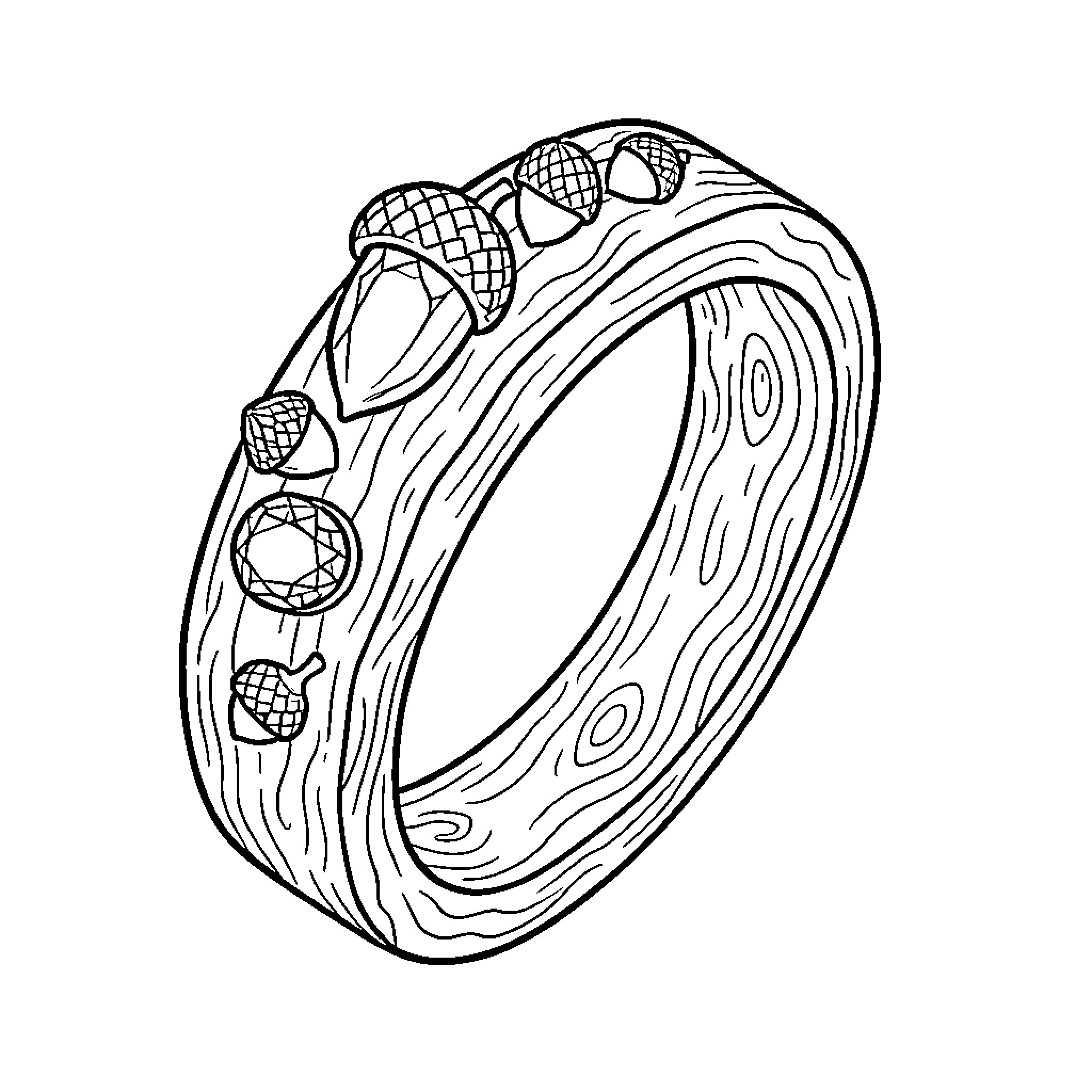 Ring decorated with detailed acorn and gemstone motifs Coloring Page (free black-and-white line drawing printable PDF for all, from beginners to advanced learners, including children, teens, adults, and seniors)