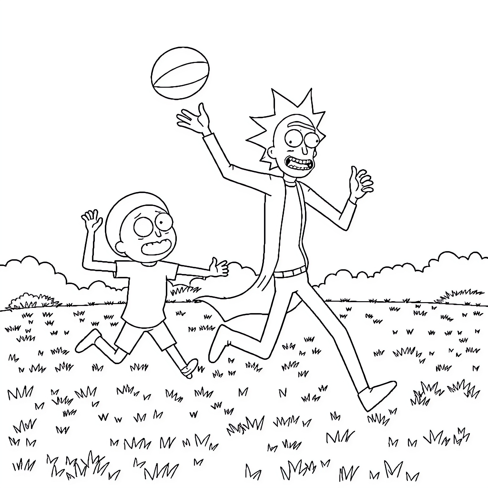 Rick And Morty Playing Joyfully Outdoors Coloring Page (free black-and-white line drawing printable PDF for all, from beginners to advanced learners, including children, teens, adults, and seniors)