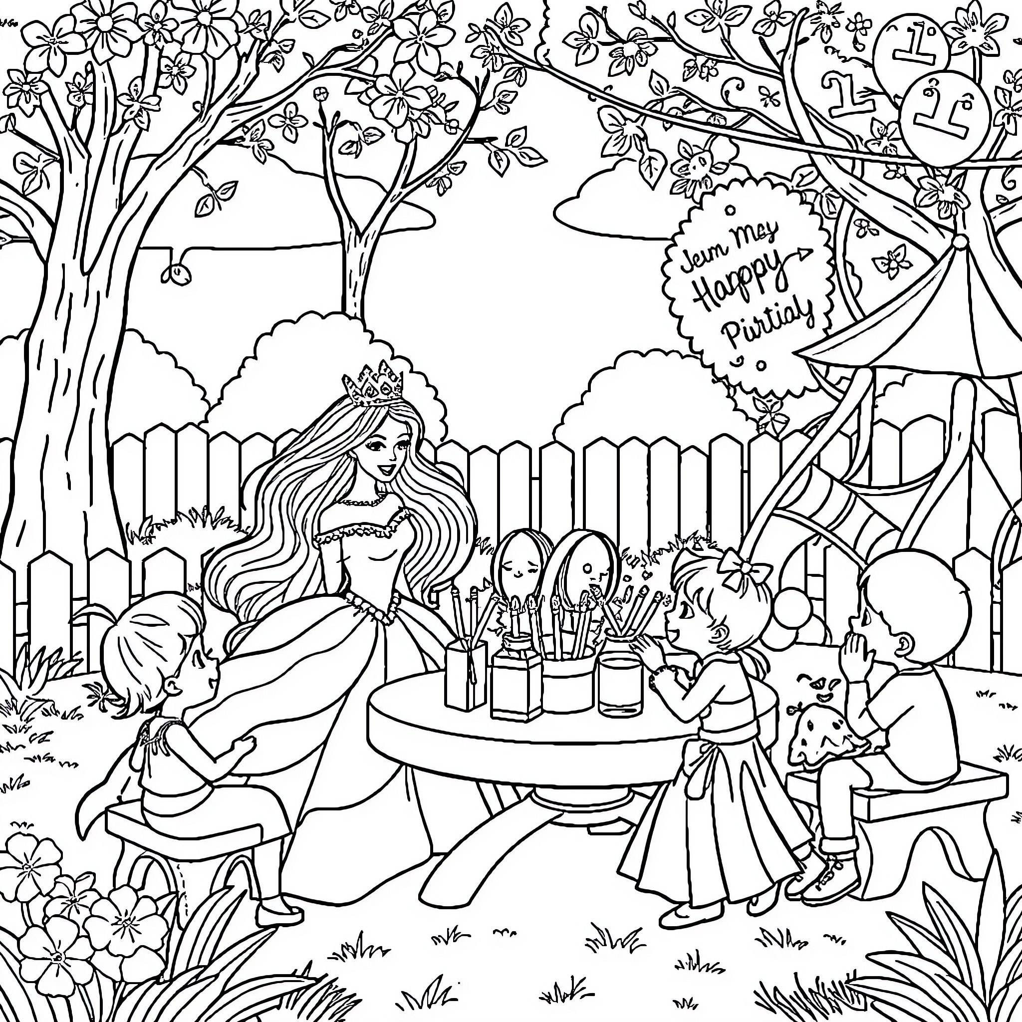 Princess Celebrates Colorful Birthday Party Coloring Page (free black-and-white line drawing printable PDF for all, from beginners to advanced learners, including children, teens, adults, and seniors)