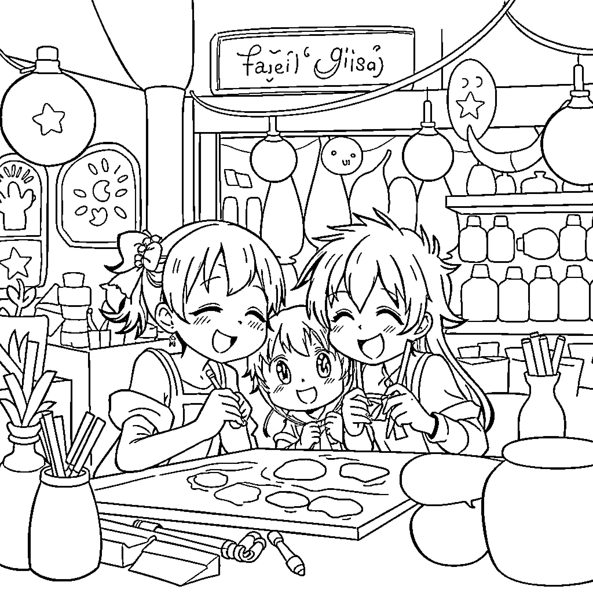 Doremi's Joyful Art Class Coloring Page (free black-and-white line drawing printable PDF for all, from beginners to advanced learners, including children, teens, adults, and seniors)