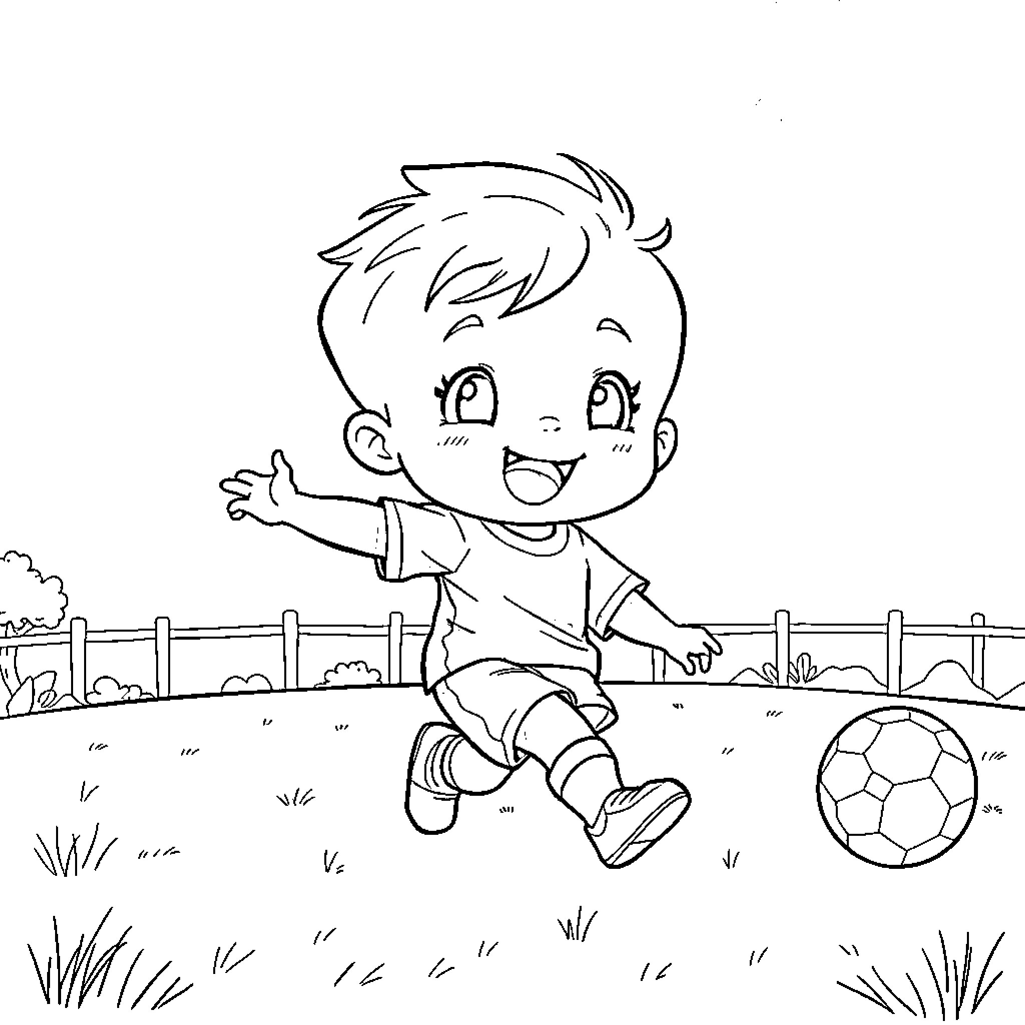 Baby playing cheerfully with soccer ball Coloring Page (free black-and-white line drawing printable PDF for all, from beginners to advanced learners, including children, teens, adults, and seniors)