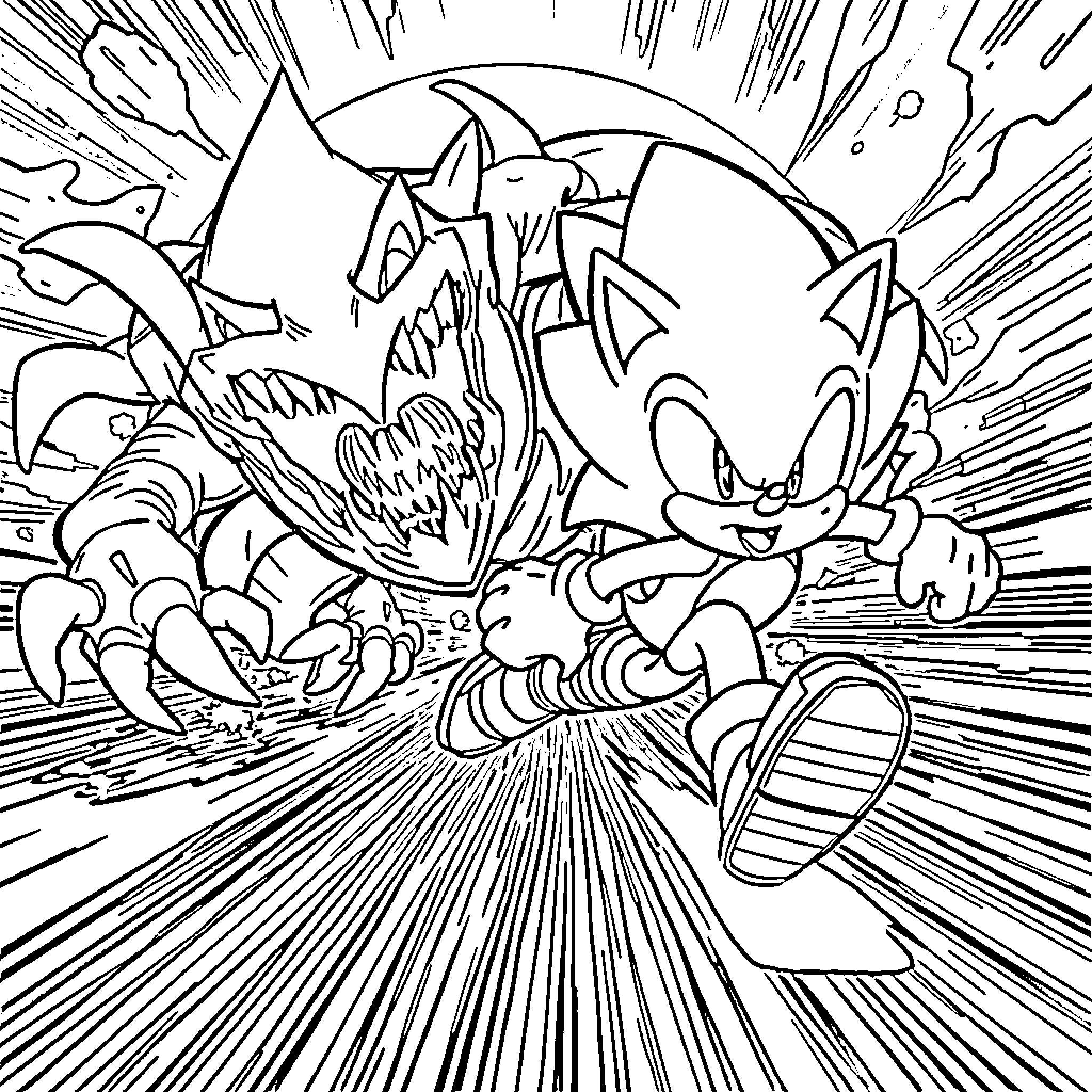 Sonic's Action-Packed Confrontation Coloring Page (free black-and-white line drawing printable PDF for all, from beginners to advanced learners, including children, teens, adults, and seniors)