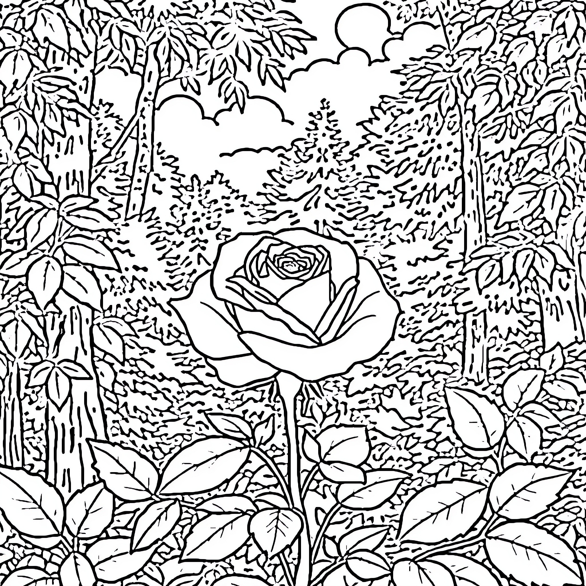 Rose in the Enchanted Forest Coloring Page (free black-and-white line drawing printable PDF for all, from beginners to advanced learners, including children, teens, adults, and seniors)