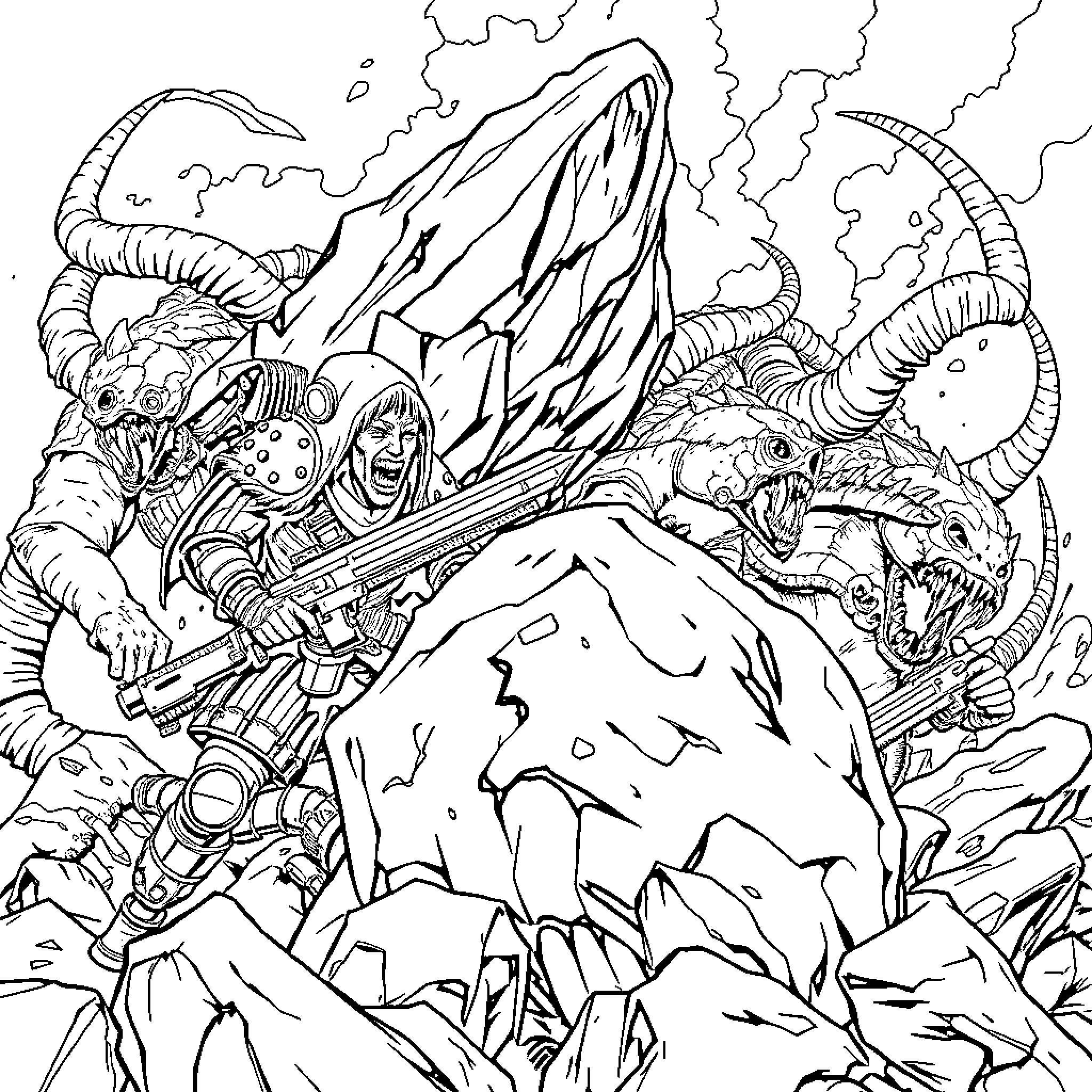 Hell Divers in a Perilous Sci-Fi Landscape Coloring Page (free black-and-white line drawing printable PDF for all, from beginners to advanced learners, including children, teens, adults, and seniors)