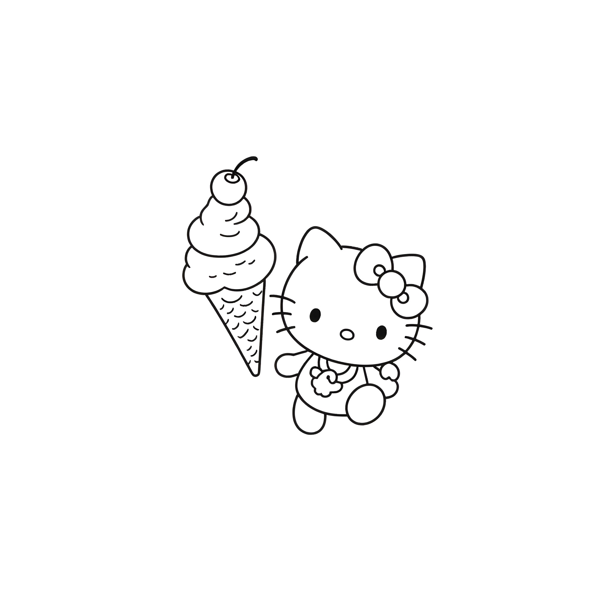Hello Kitty enjoying an ice cream cone Coloring Page (free black-and-white line drawing printable PDF for all, from beginners to advanced learners, including children, teens, adults, and seniors)