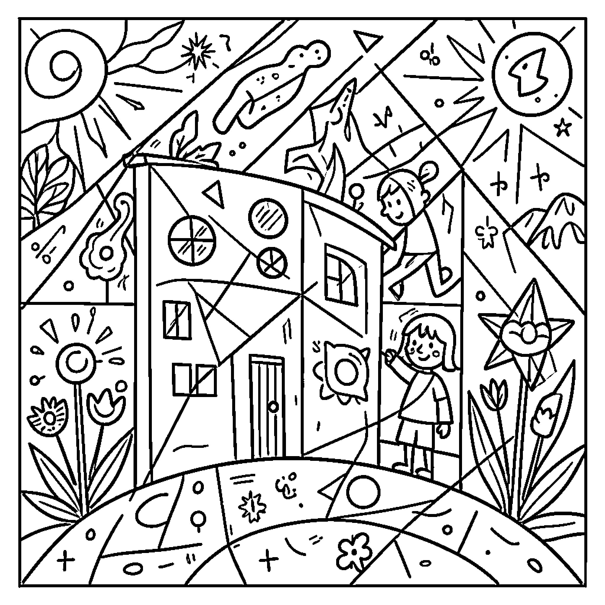 Paul Klee style scene of people near a house Coloring Page (free black-and-white line drawing printable PDF for all, from beginners to advanced learners, including children, teens, adults, and seniors)