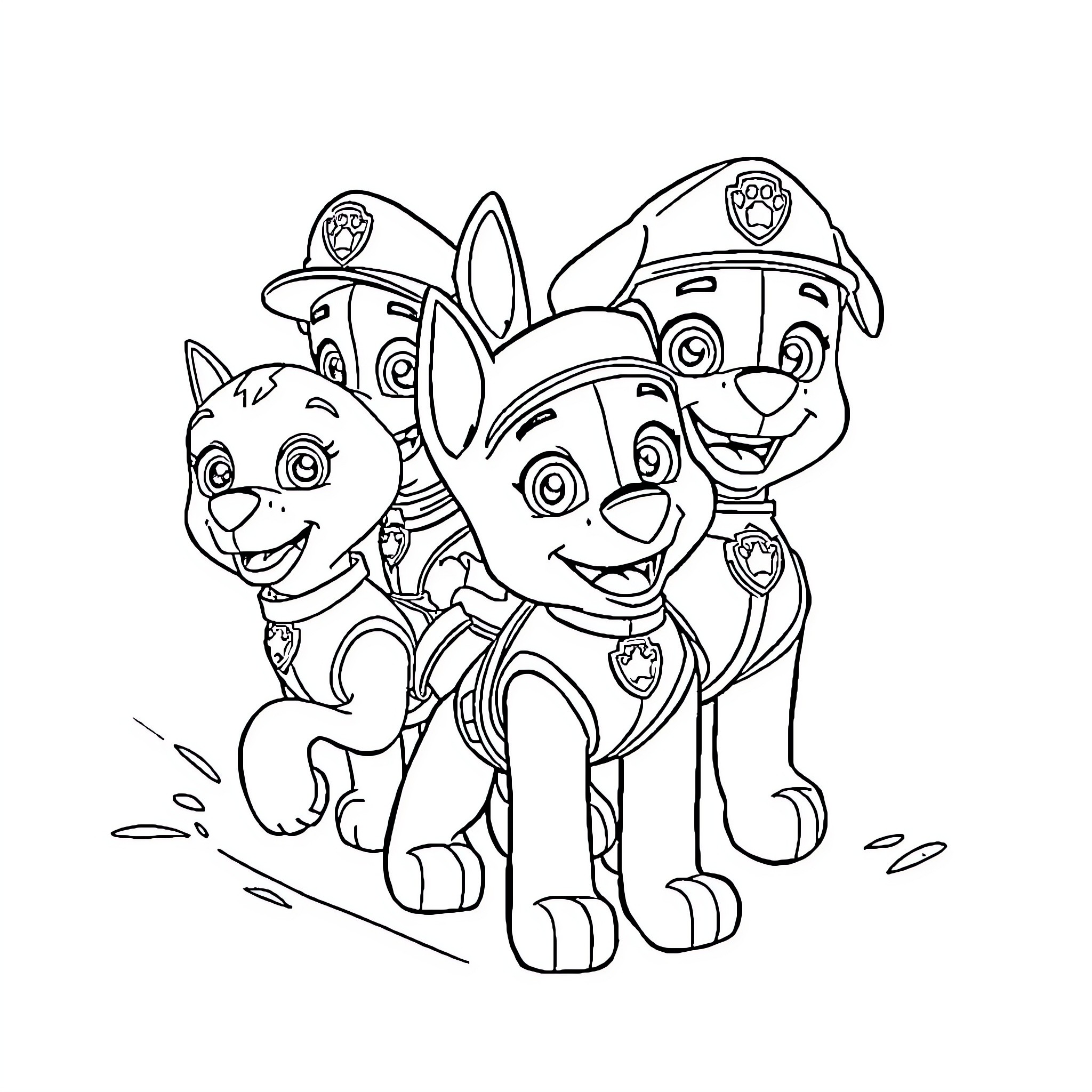Paw Patrol pups in action adventure Coloring Page (free black-and-white line drawing printable PDF for all, from beginners to advanced learners, including children, teens, adults, and seniors)