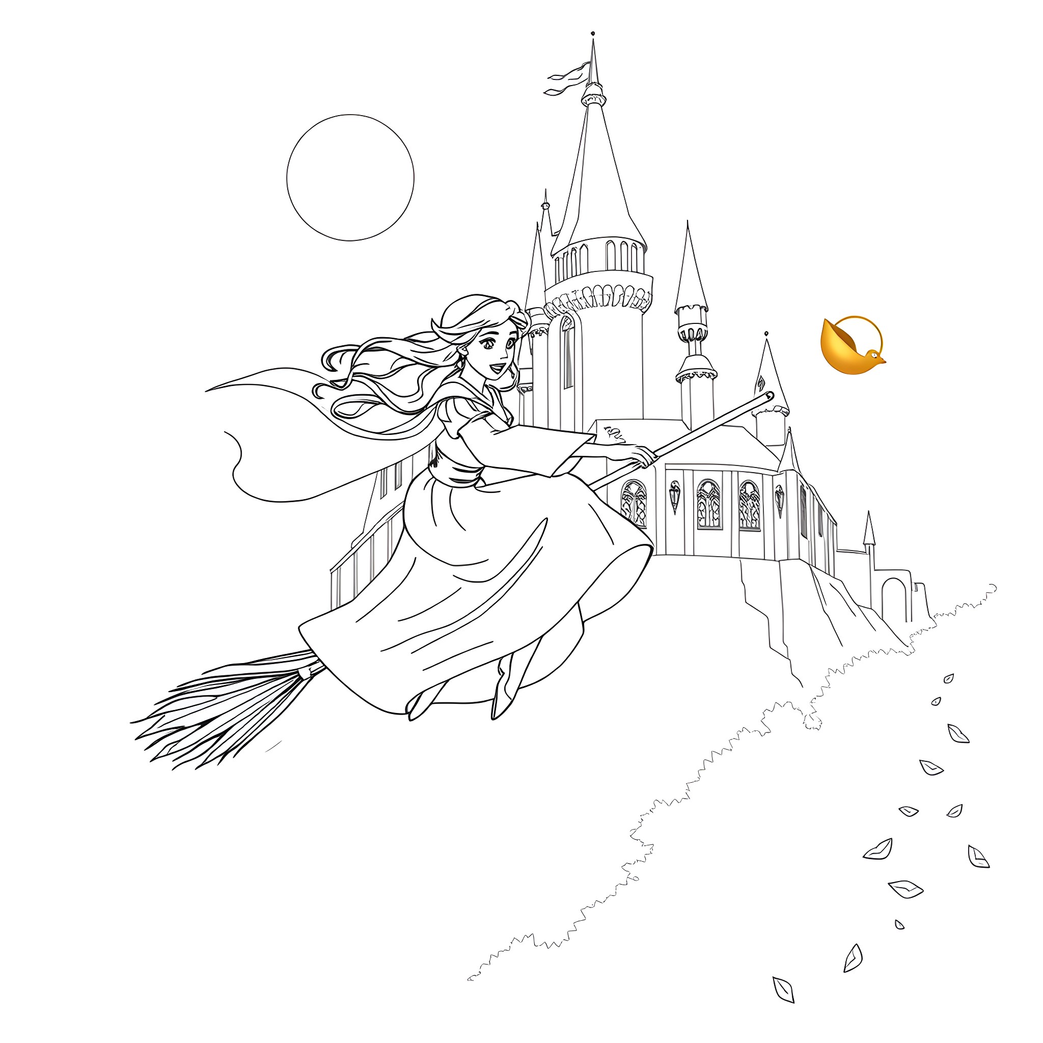 Belle Flying Gracefully over a Magnificent Castle Coloring Page (free black-and-white line drawing printable PDF for all, from beginners to advanced learners, including children, teens, adults, and seniors)