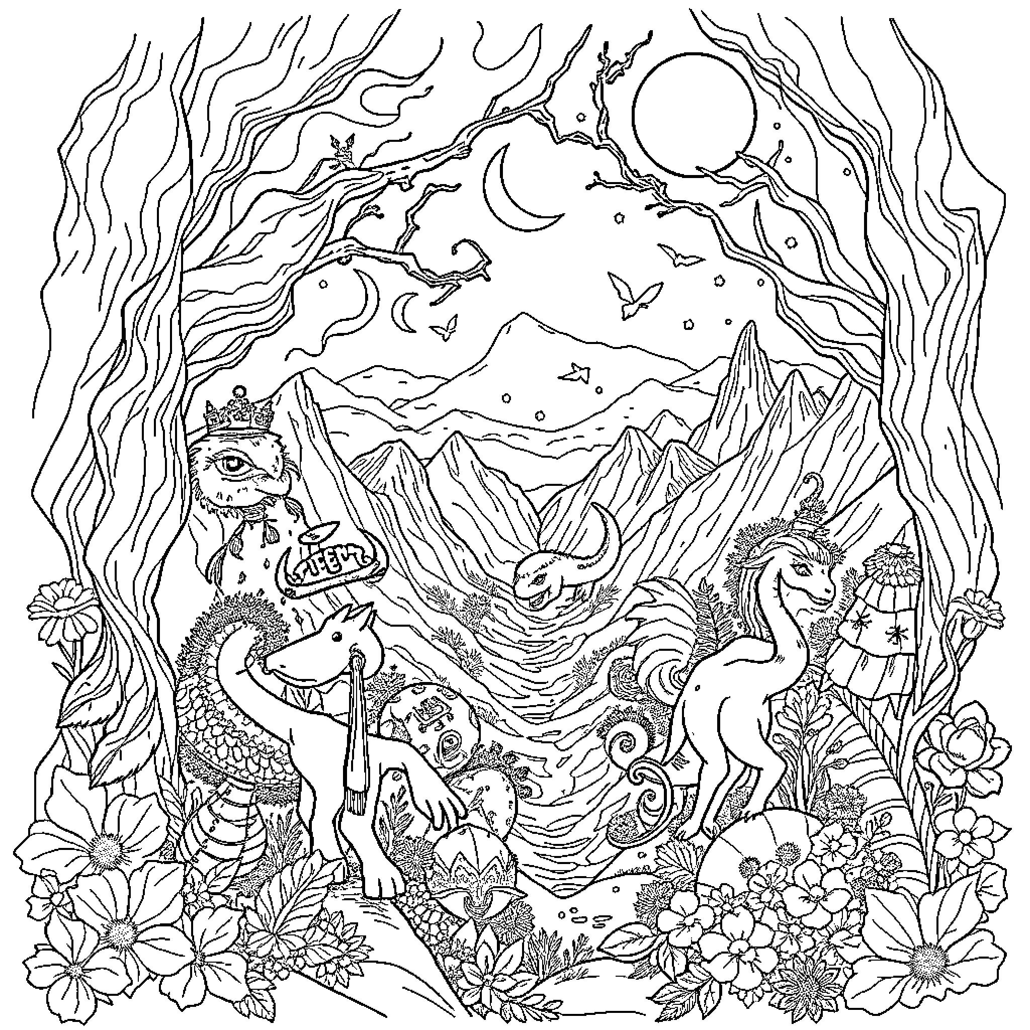 World of Fantastical Creatures and Landscapes Coloring Page (free black-and-white line drawing printable PDF for all, from beginners to advanced learners, including children, teens, adults, and seniors)