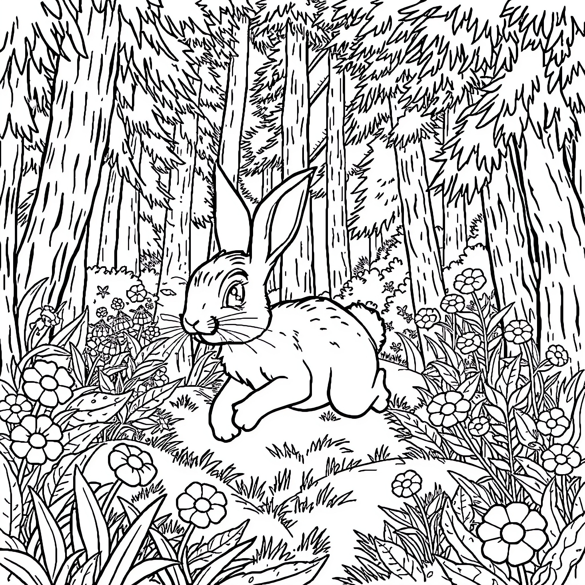 Rabbit hopping through lush forest landscape Coloring Page (free black-and-white line drawing printable PDF for all, from beginners to advanced learners, including children, teens, adults, and seniors)