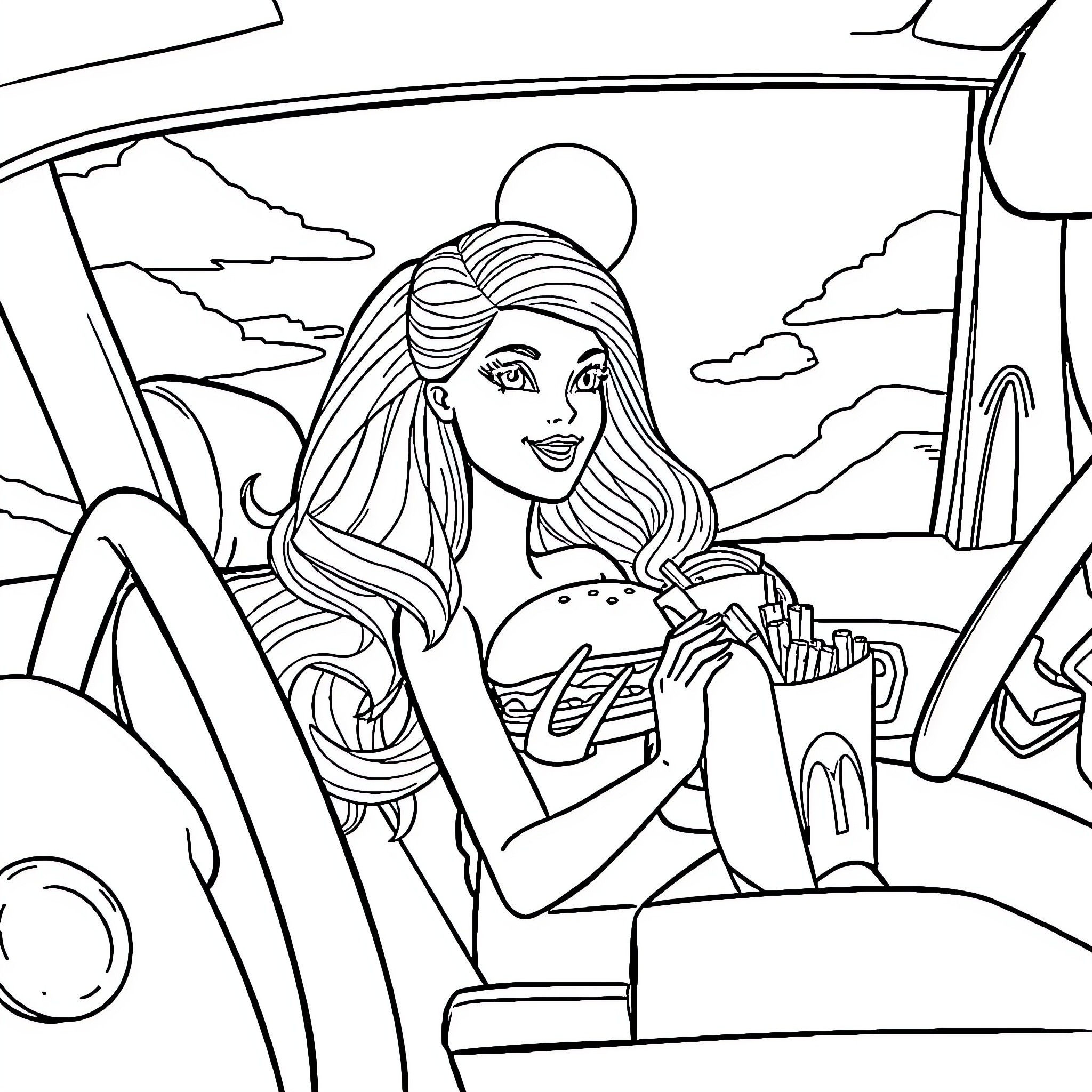 Barbie driving a car and eating fast food Coloring Page (free black-and-white line drawing printable PDF for all, from beginners to advanced learners, including children, teens, adults, and seniors)