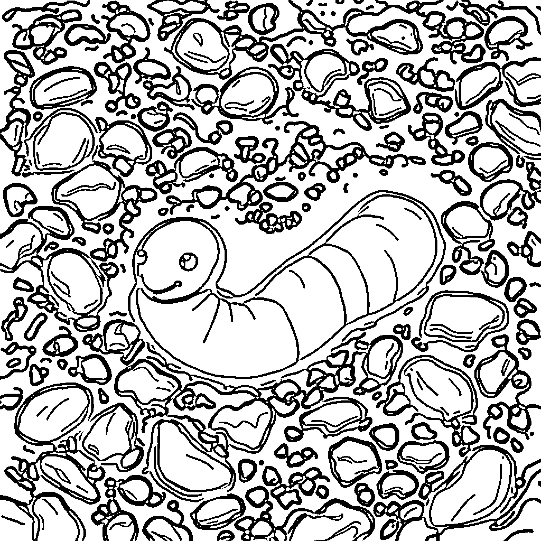 Worm swimming amidst the mysterious underwater world Coloring Page (free black-and-white line drawing printable PDF for all, from beginners to advanced learners, including children, teens, adults, and seniors)