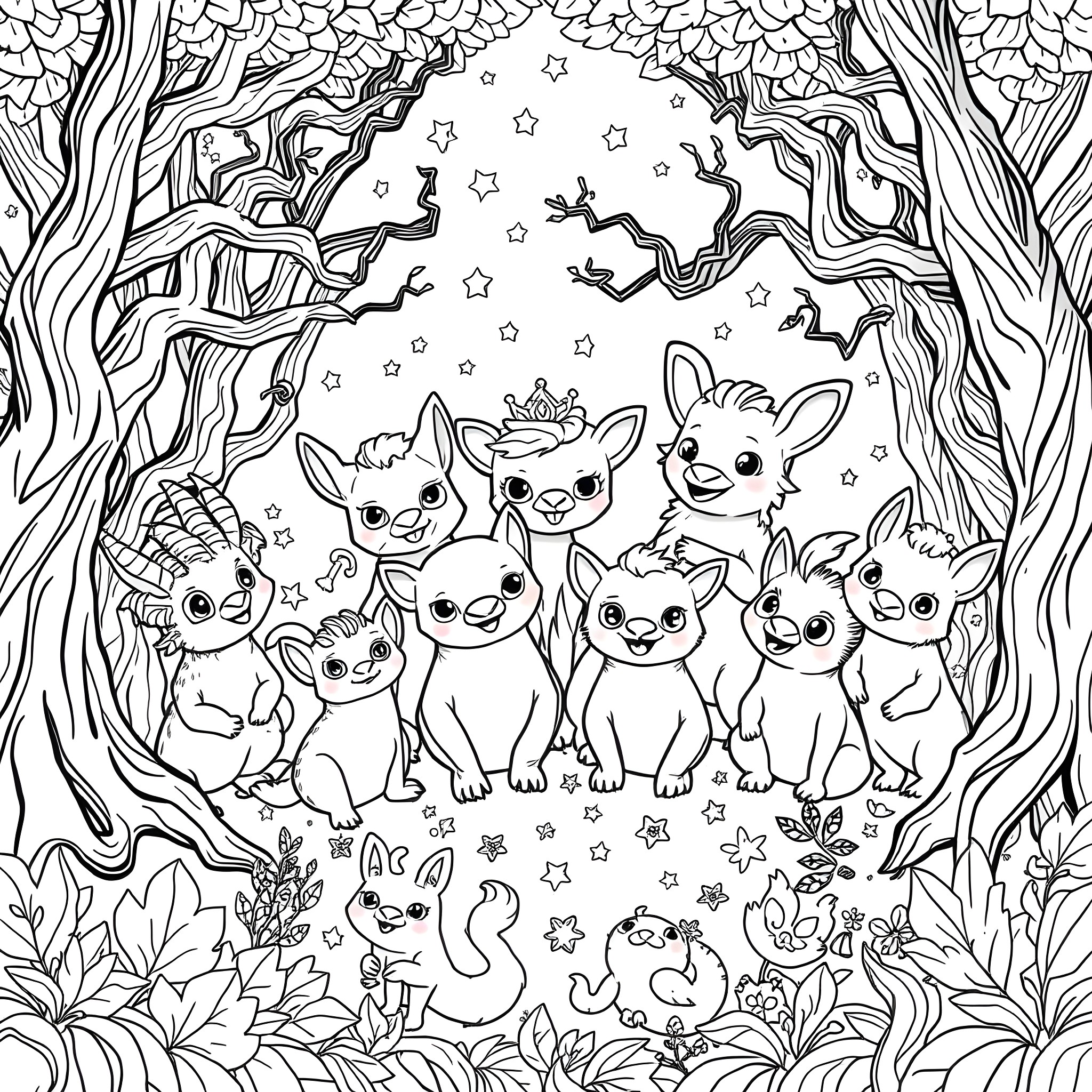 Protea creatures playing in a magical forest Coloring Page (free black-and-white line drawing printable PDF for all, from beginners to advanced learners, including children, teens, adults, and seniors)