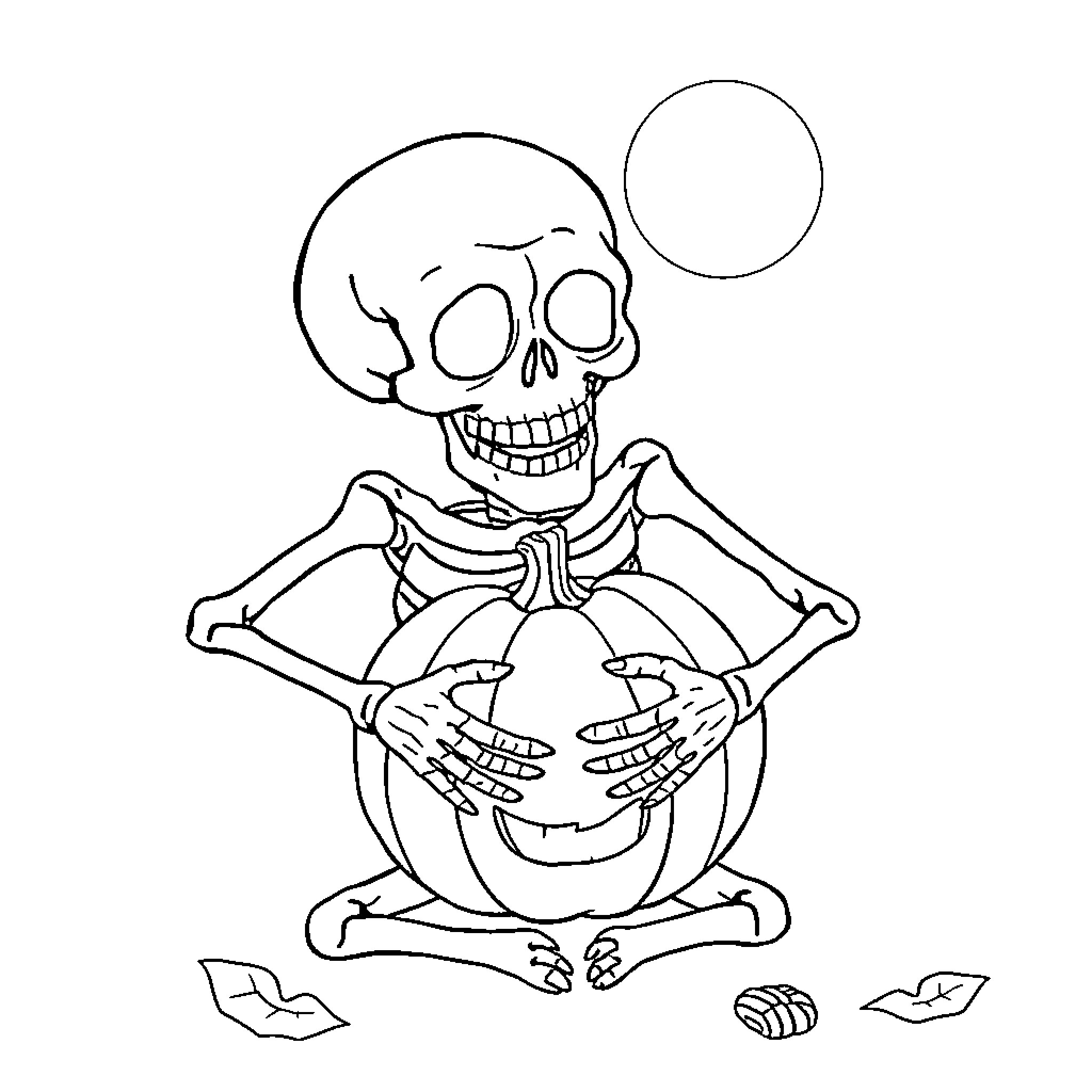 Skeleton laughing playfully on pumpkin Coloring Page (free black-and-white line drawing printable PDF for all, from beginners to advanced learners, including children, teens, adults, and seniors)