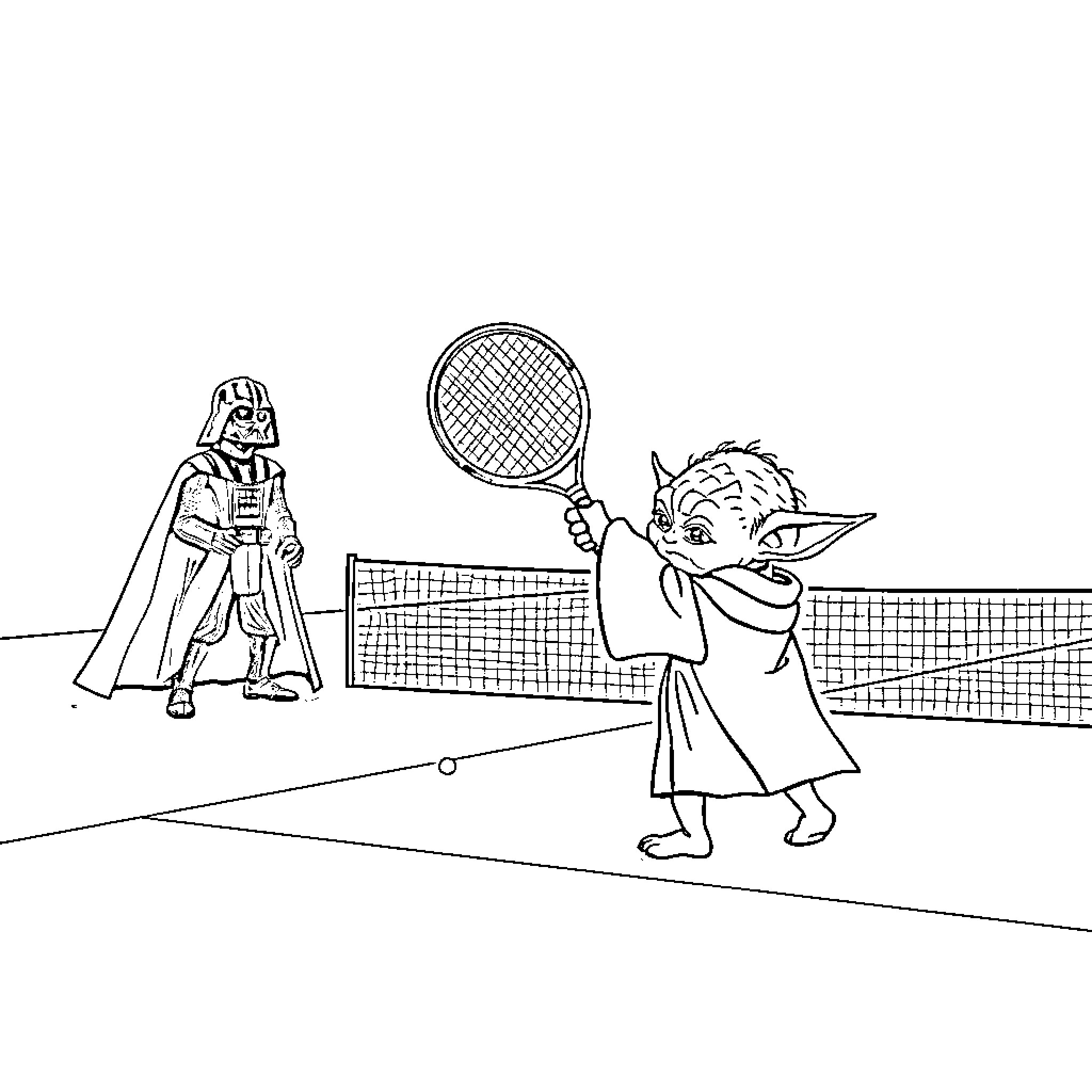 Yoda and Darth Vader playing tennis Coloring Page (free black-and-white line drawing printable PDF for all, from beginners to advanced learners, including children, teens, adults, and seniors)