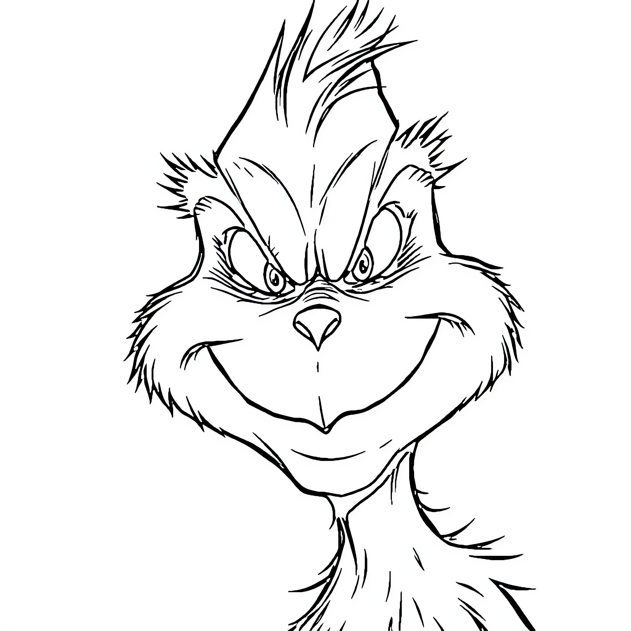 Grinch's Mischievous Grin and Disheveled Appearance Coloring Page (free black-and-white line drawing printable PDF for all, from beginners to advanced learners, including children, teens, adults, and seniors)