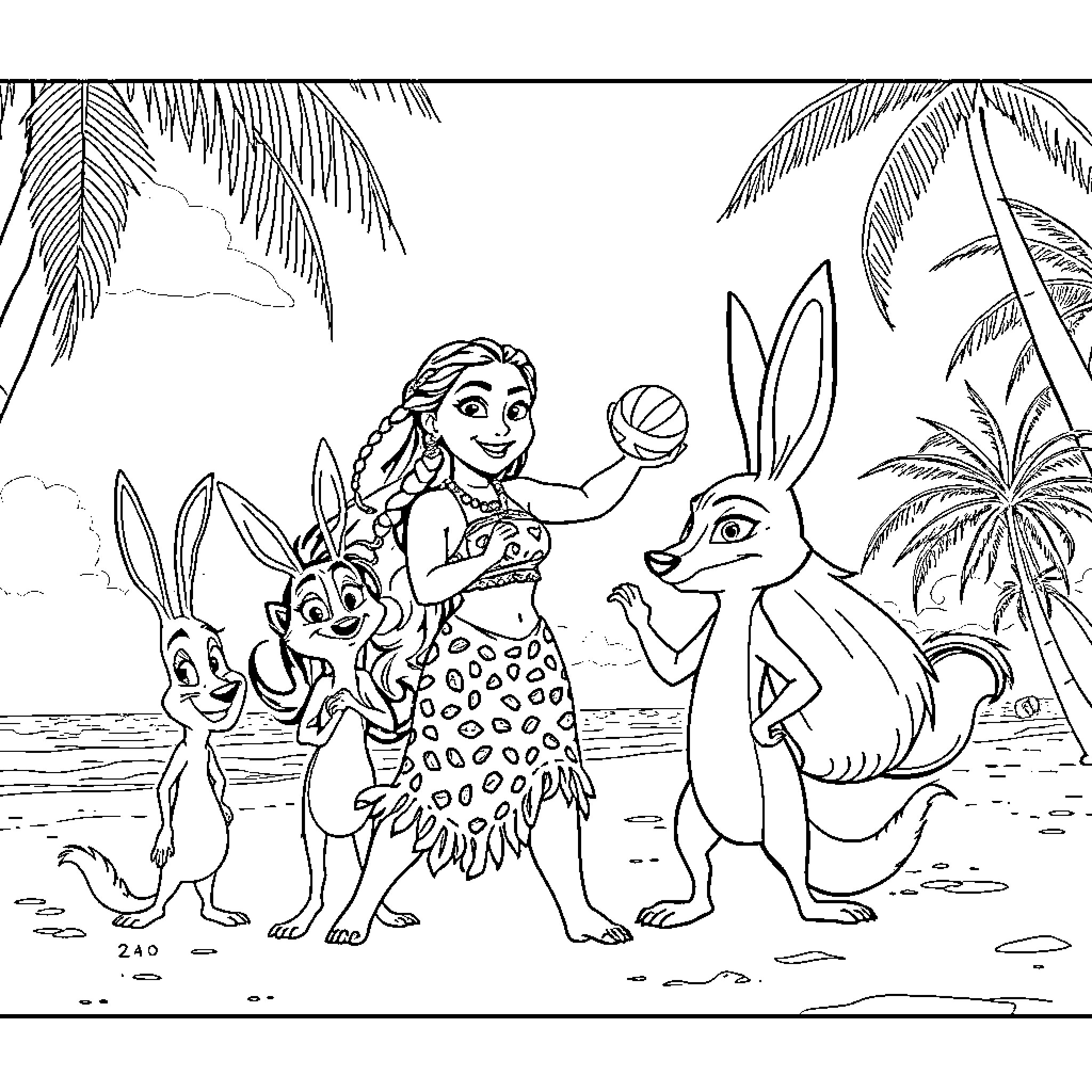 Moana playing with tropical animals on the beach Coloring Page (free black-and-white line drawing printable PDF for all, from beginners to advanced learners, including children, teens, adults, and seniors)