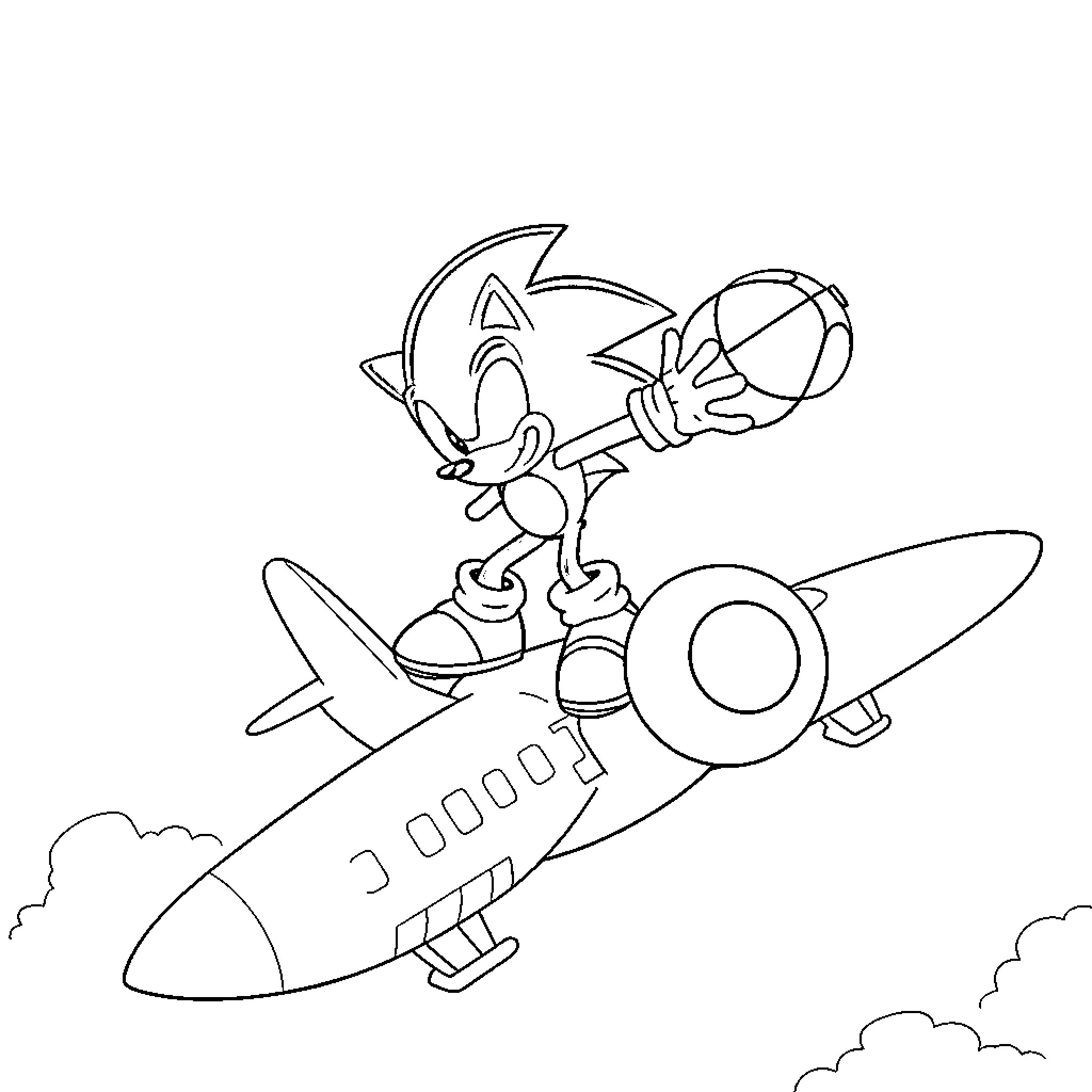 Sonic soaring through the sky on a rocket Coloring Page (free black-and-white line drawing printable PDF for all, from beginners to advanced learners, including children, teens, adults, and seniors)