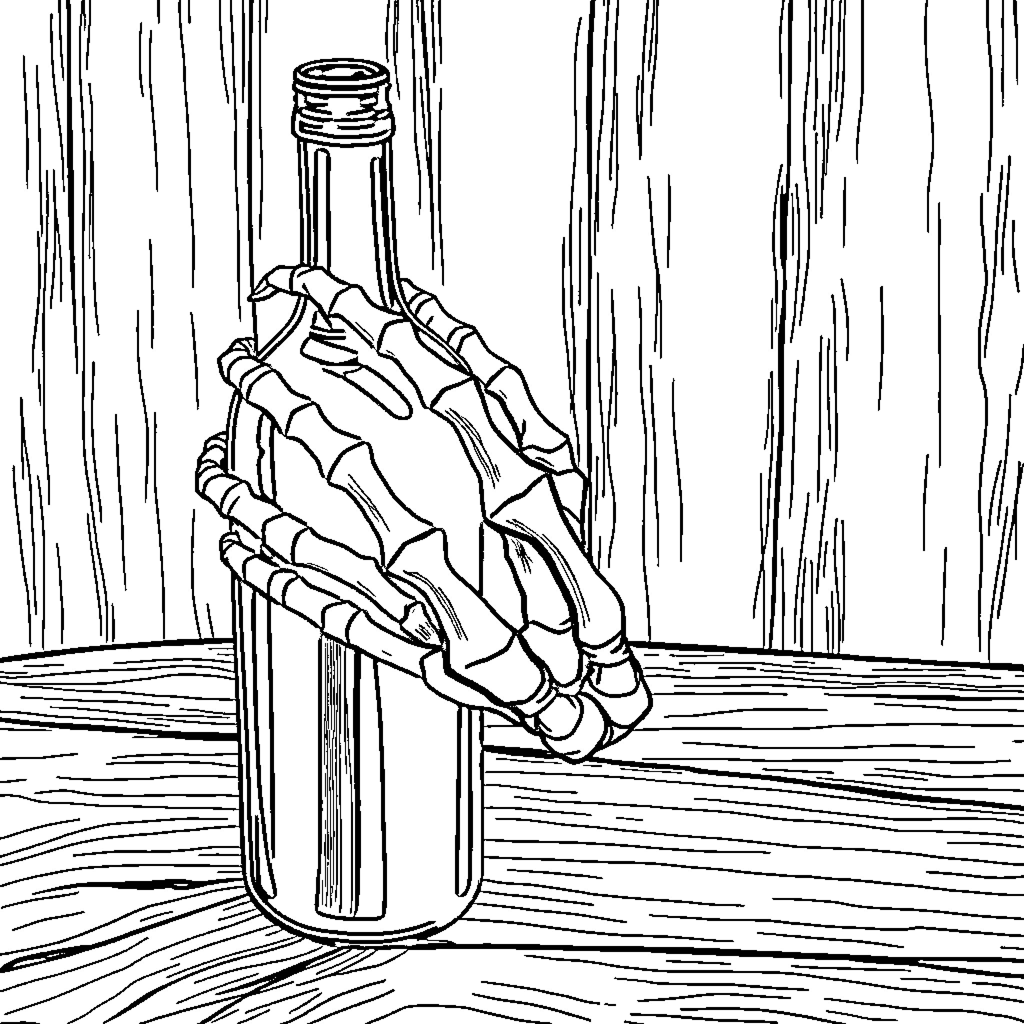 Skeleton hand holding wine bottle Coloring Page (free black-and-white line drawing printable PDF for all, from beginners to advanced learners, including children, teens, adults, and seniors)