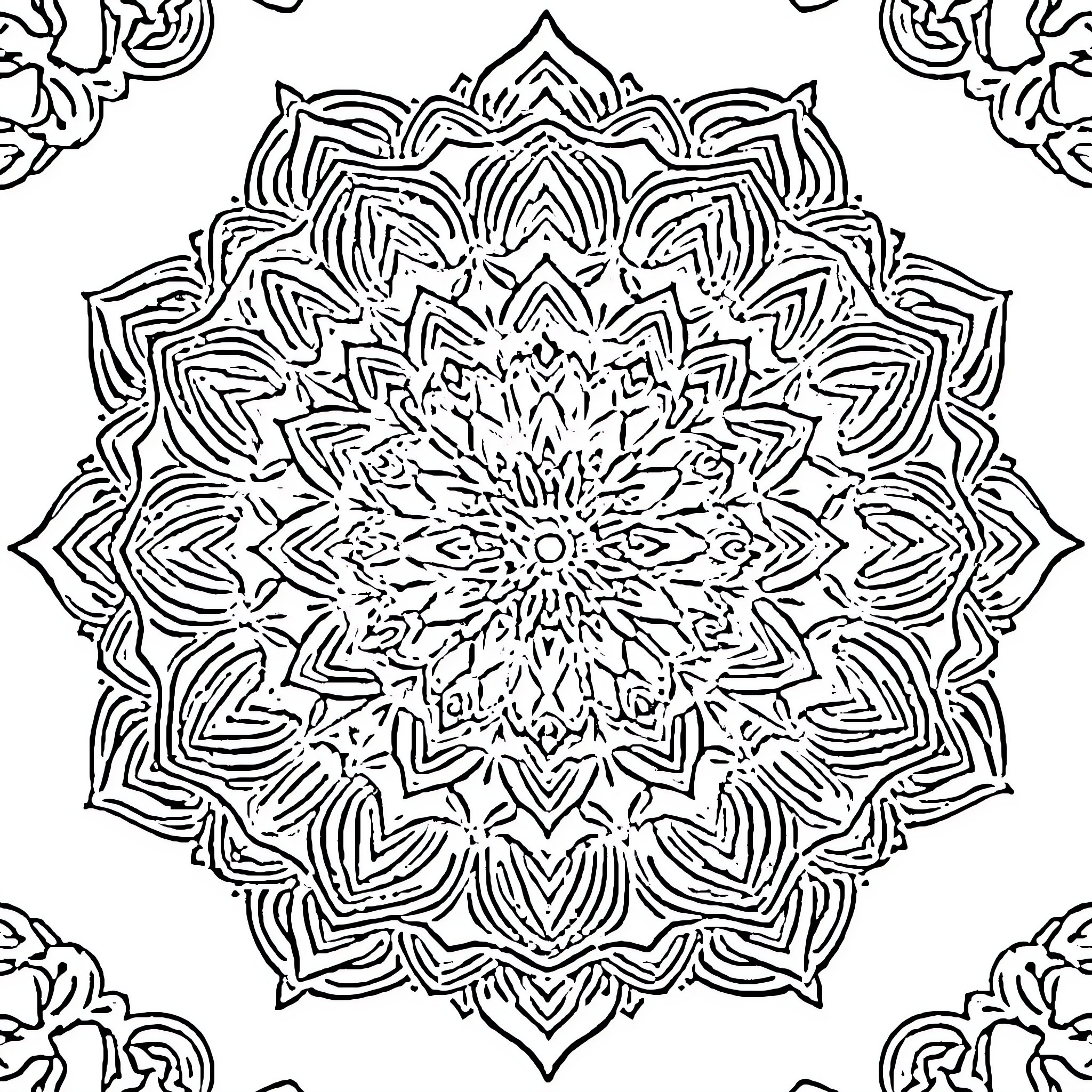 Mandala pattern of intricate geometric designs Coloring Page (free black-and-white line drawing printable PDF for all, from beginners to advanced learners, including children, teens, adults, and seniors)