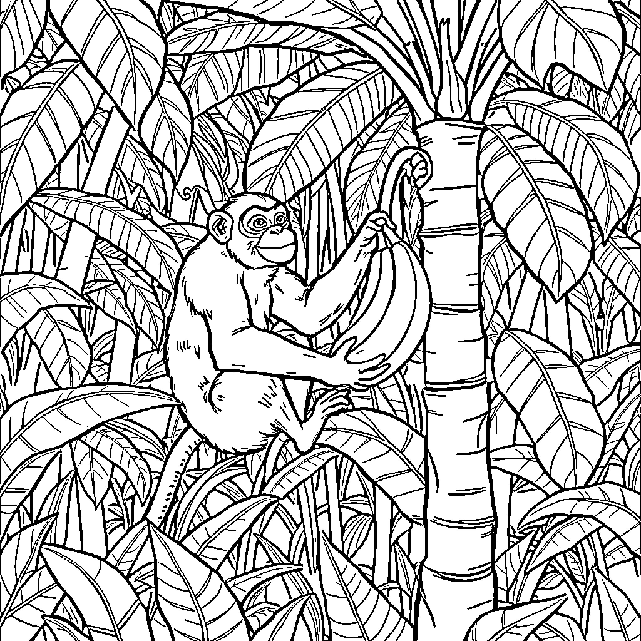Single Primate Climbing Tree in Lush Foliage Coloring Page (free black-and-white line drawing printable PDF for all, from beginners to advanced learners, including children, teens, adults, and seniors)