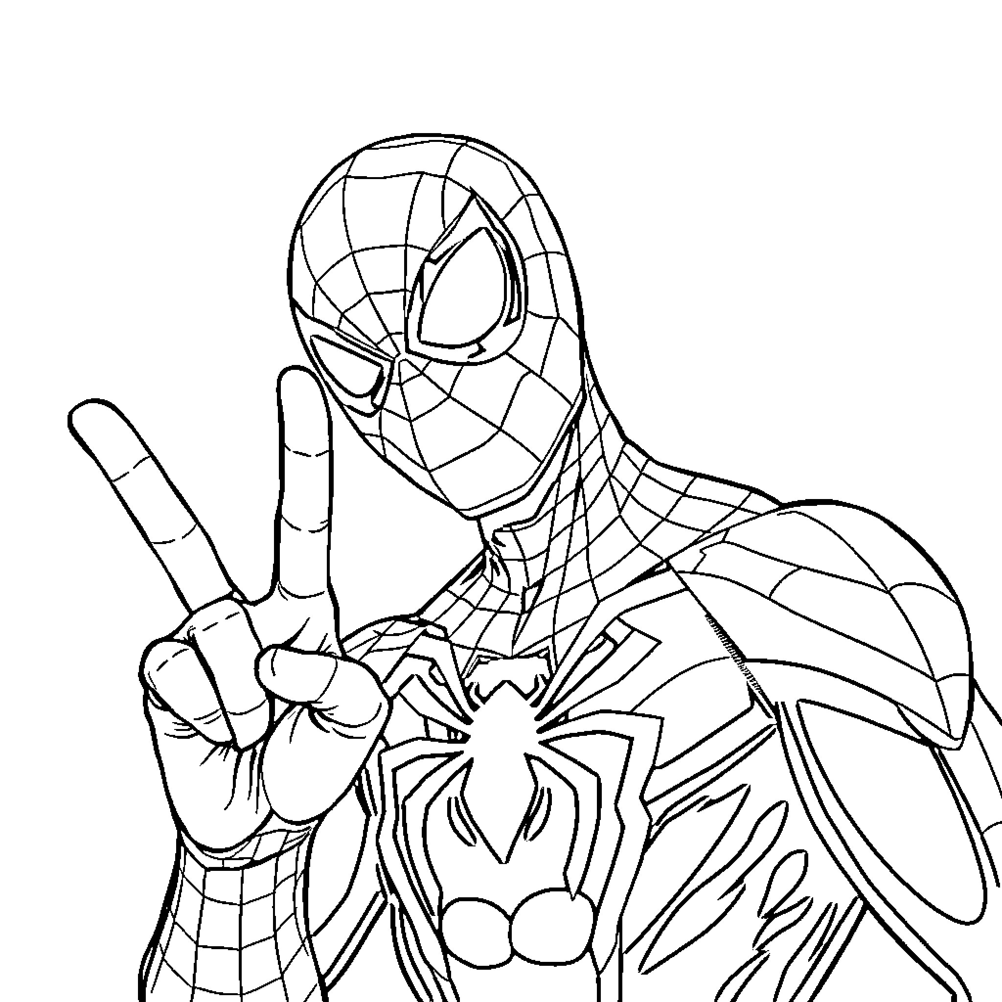 Spiderman posing with peace sign in heroic stance Coloring Page (free black-and-white line drawing printable PDF for all, from beginners to advanced learners, including children, teens, adults, and seniors)