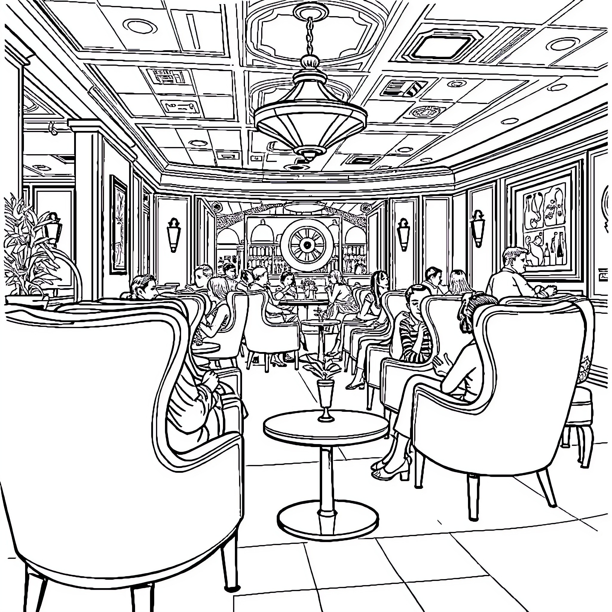 Martello Cafe: Bustling Patrons Gather in Elegant Interior Coloring Page (free black-and-white line drawing printable PDF for all, from beginners to advanced learners, including children, teens, adults, and seniors)