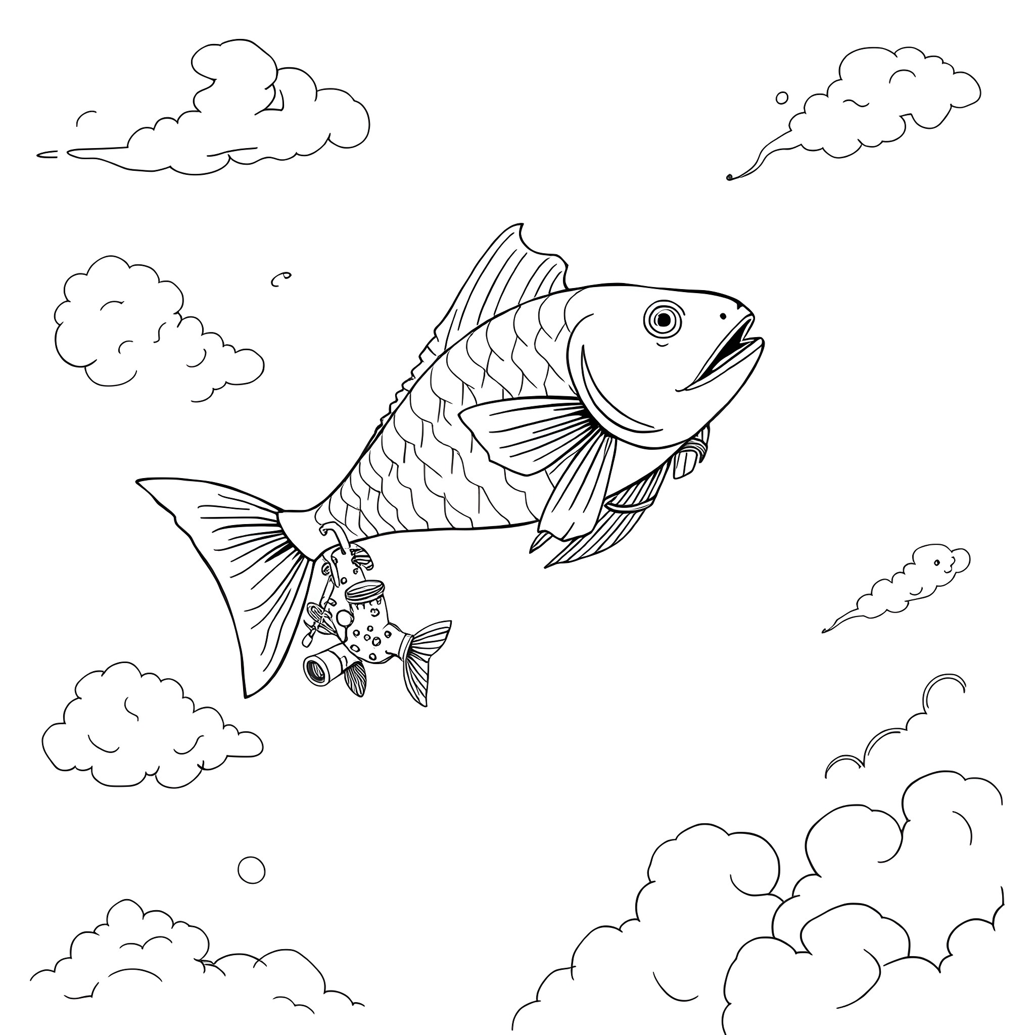 Fish swimming through clouds in the sky Coloring Page (free black-and-white line drawing printable PDF for all, from beginners to advanced learners, including children, teens, adults, and seniors)
